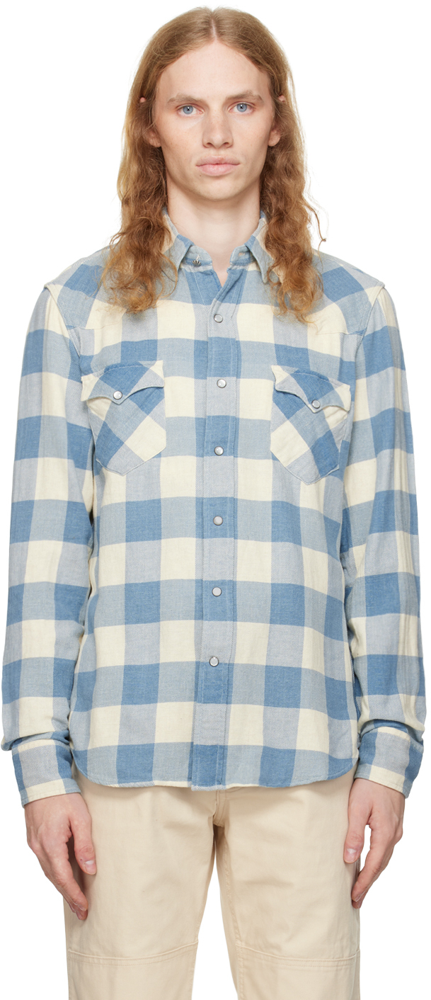 RRL Plaid Twill outlet Western Shirt in Blue