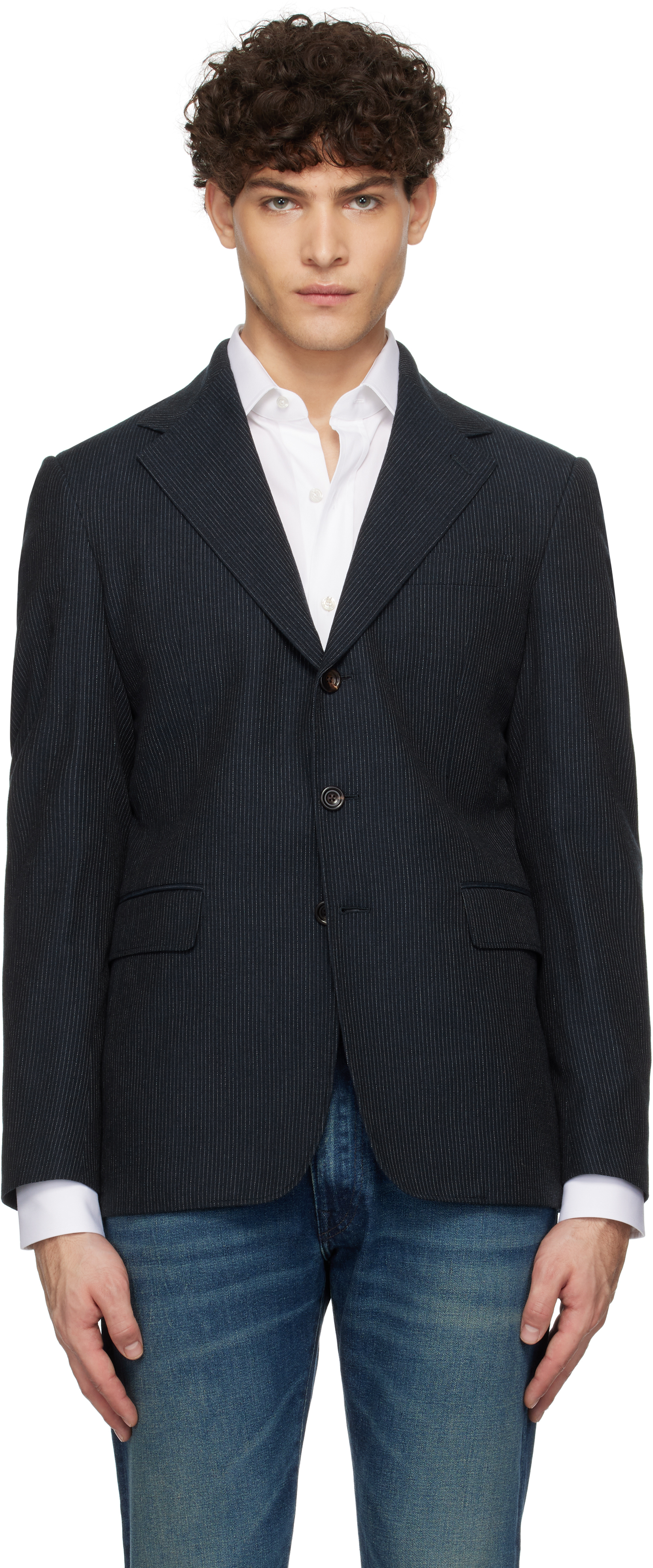 Navy Striped Herringbone Blazer