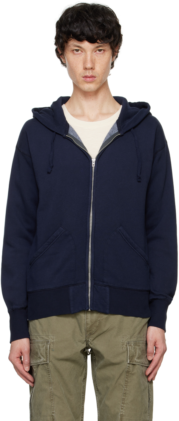 Shop Rrl Navy Fleece Full-zip Hoodie In Faded Navy