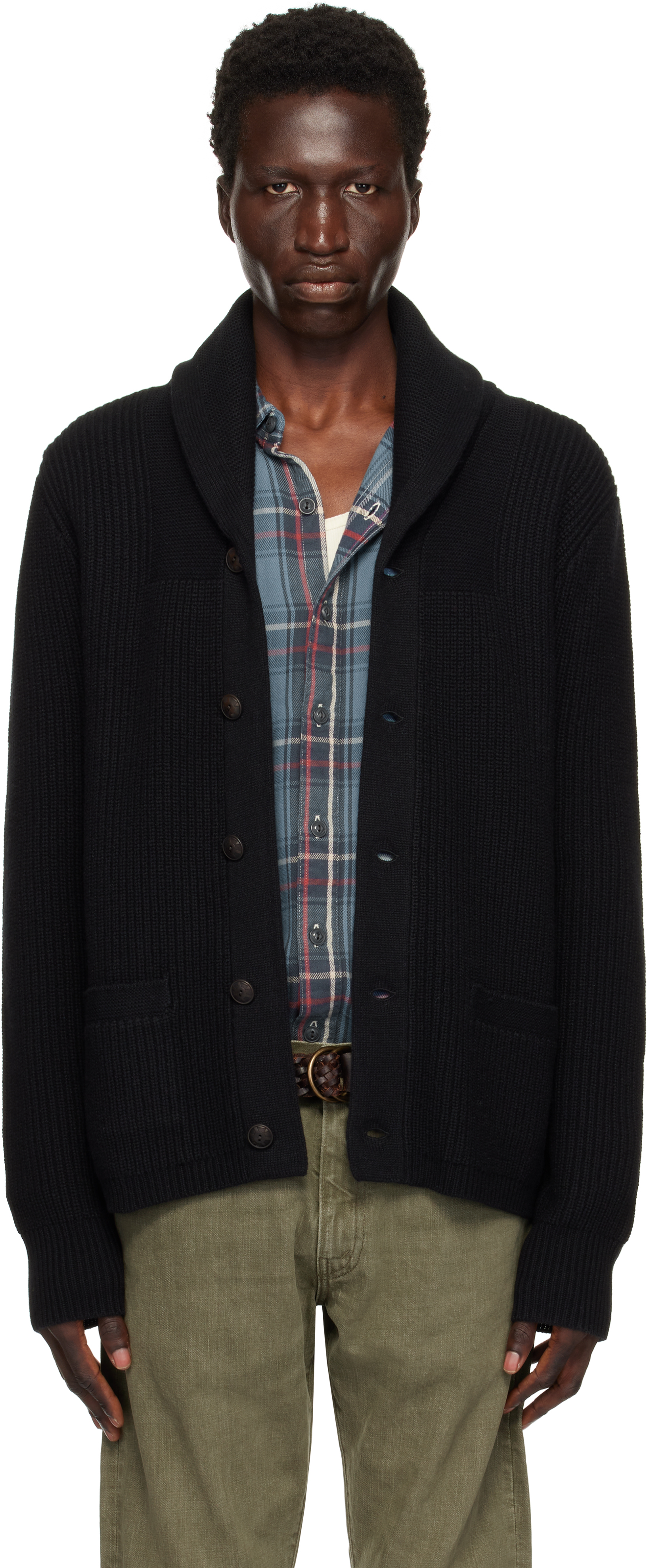 Black Textured Cashmere Shawl Collar Cardigan