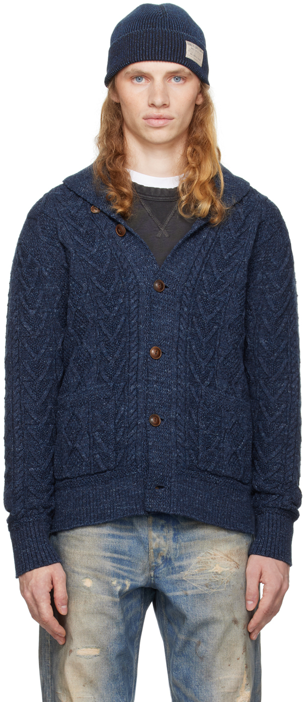 Shop Rrl Navy Aran-knit Cardigan In Navy Heather