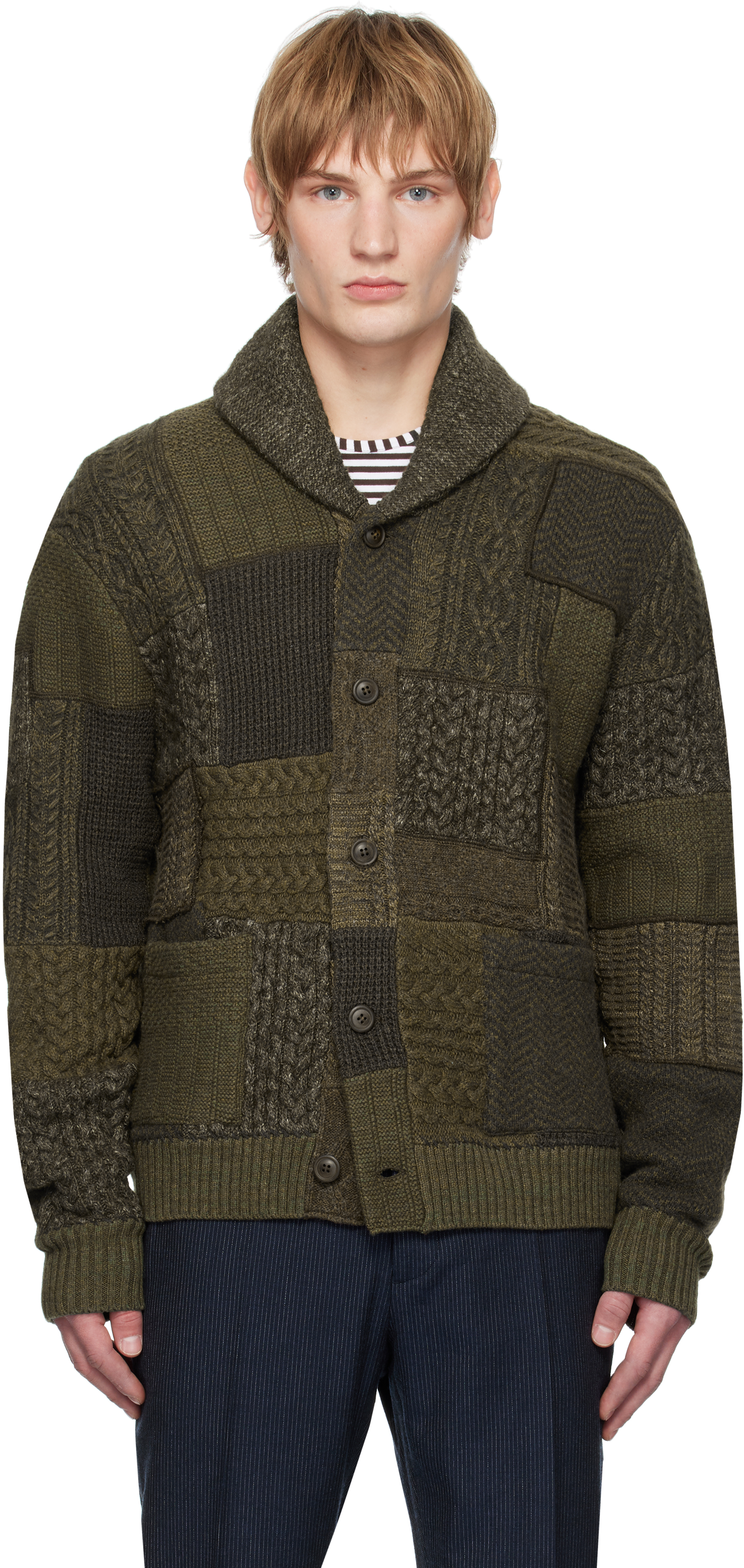 Khaki Patchwork Wool-Blend Shawl Cardigan