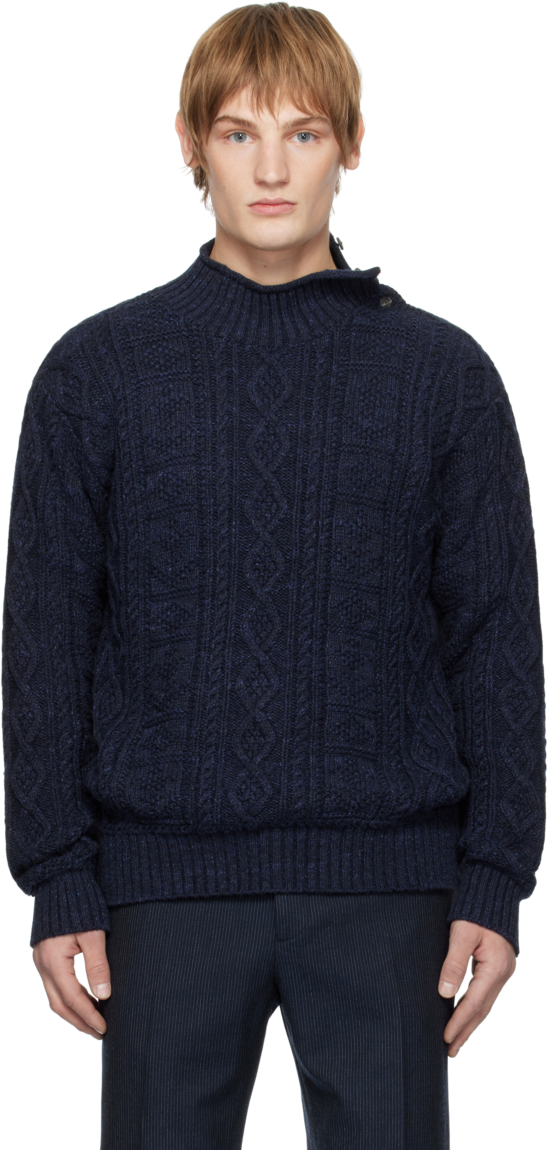 Navy Aran-Knit Cotton Mock Neck Sweater