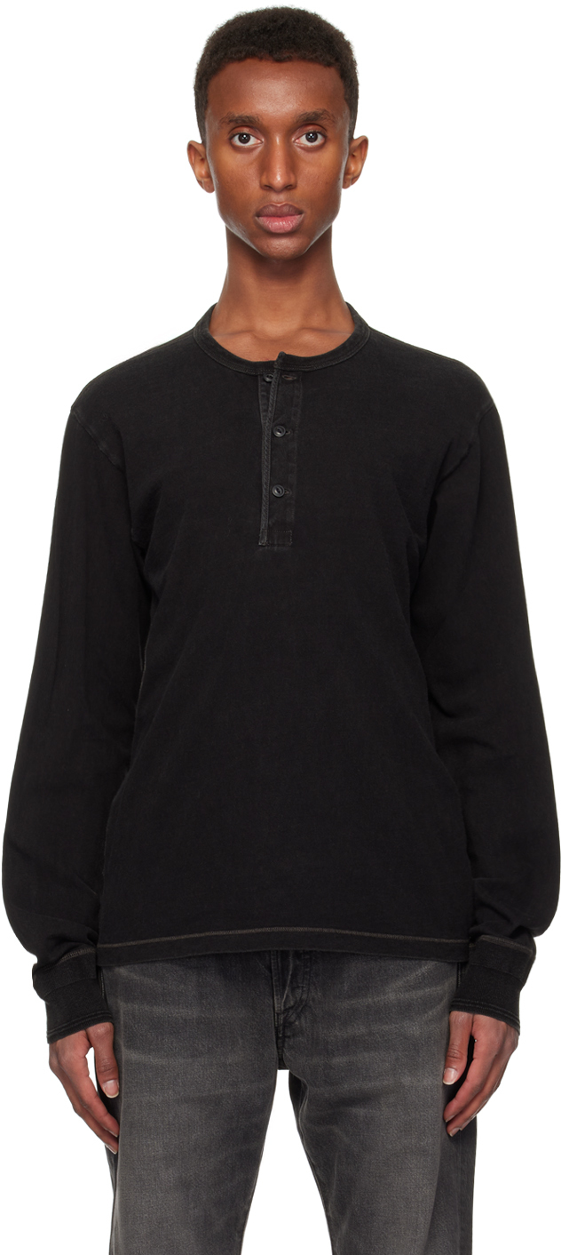 Rrl Black Jersey Henley In Sulfur Black