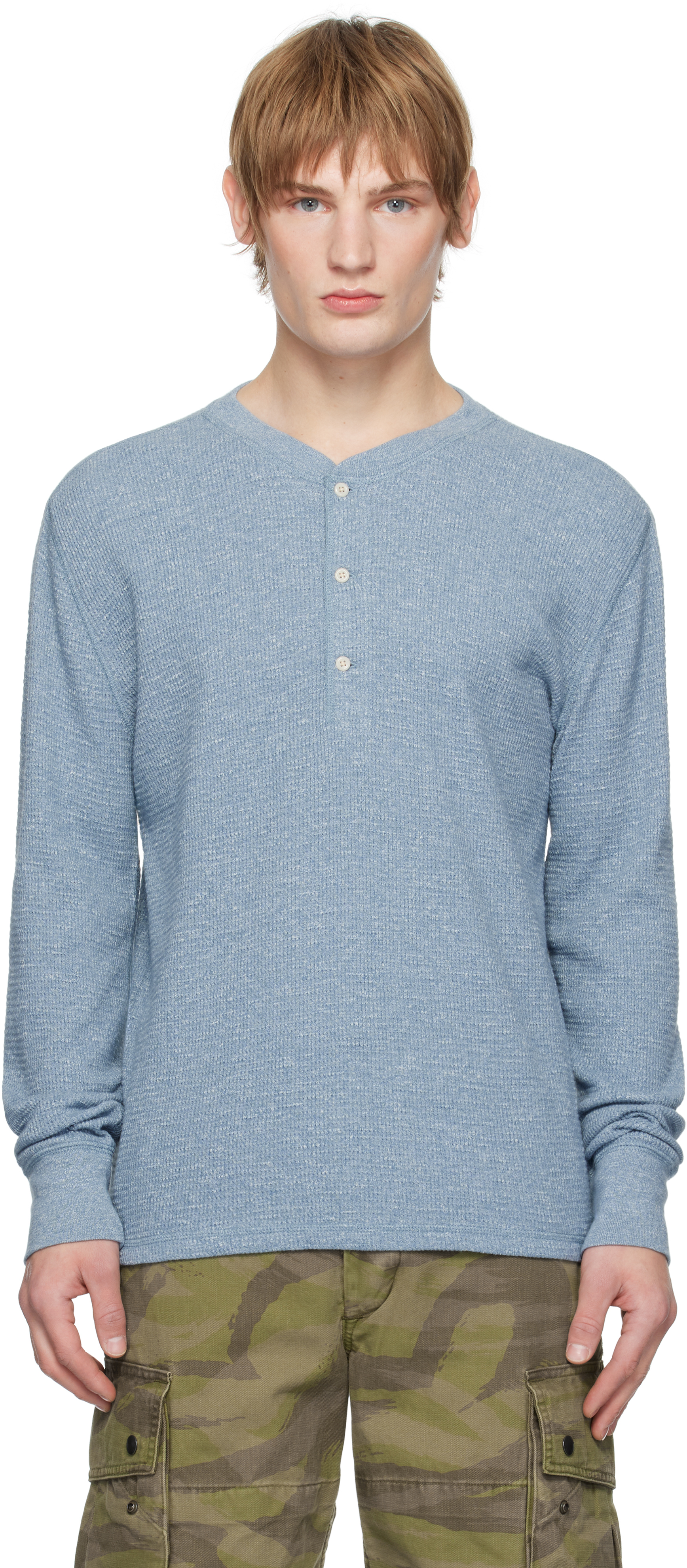 Blue Garment-Dyed Waffle-Knit Henley