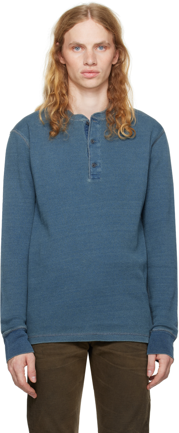 Shop Rrl Indigo Dyed Henley In Washed Blue Indigo