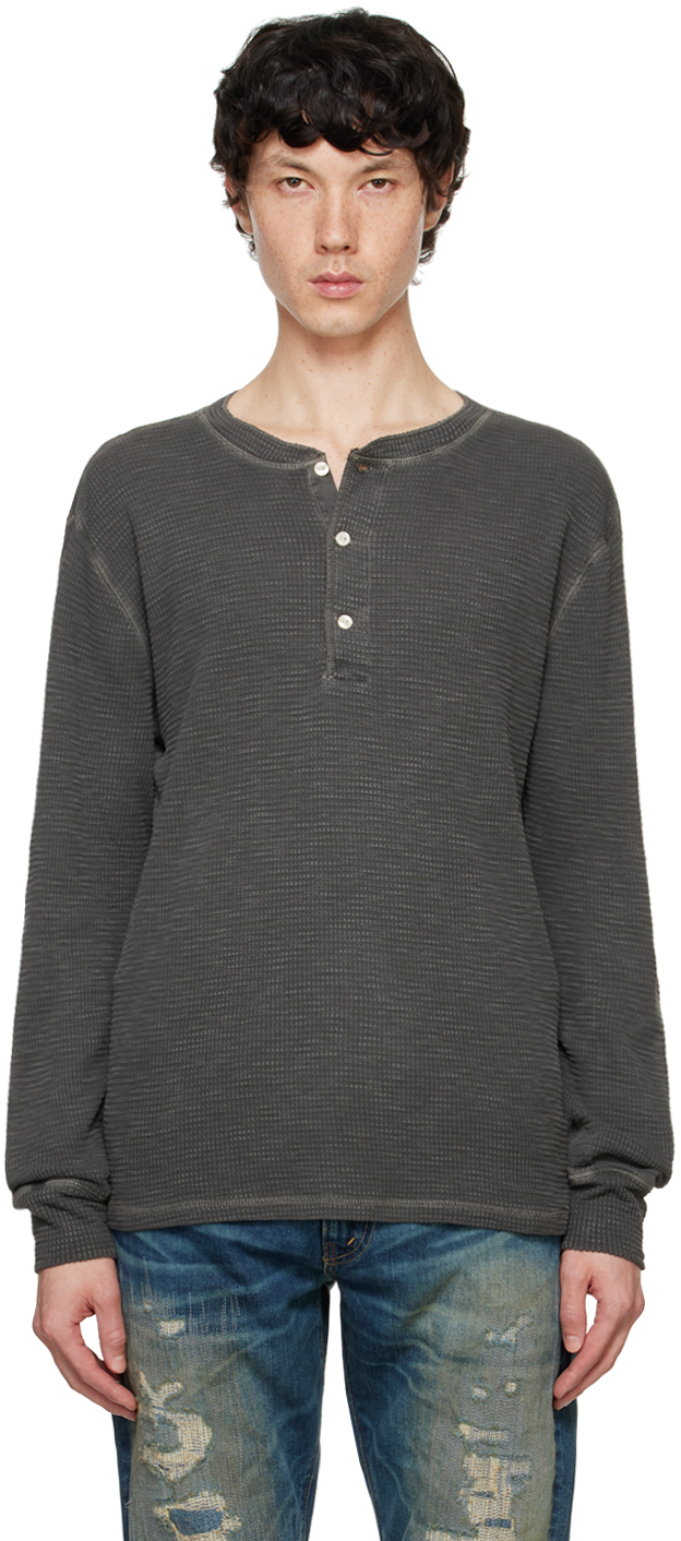 Black Waffle Knit Henley by RRL on Sale