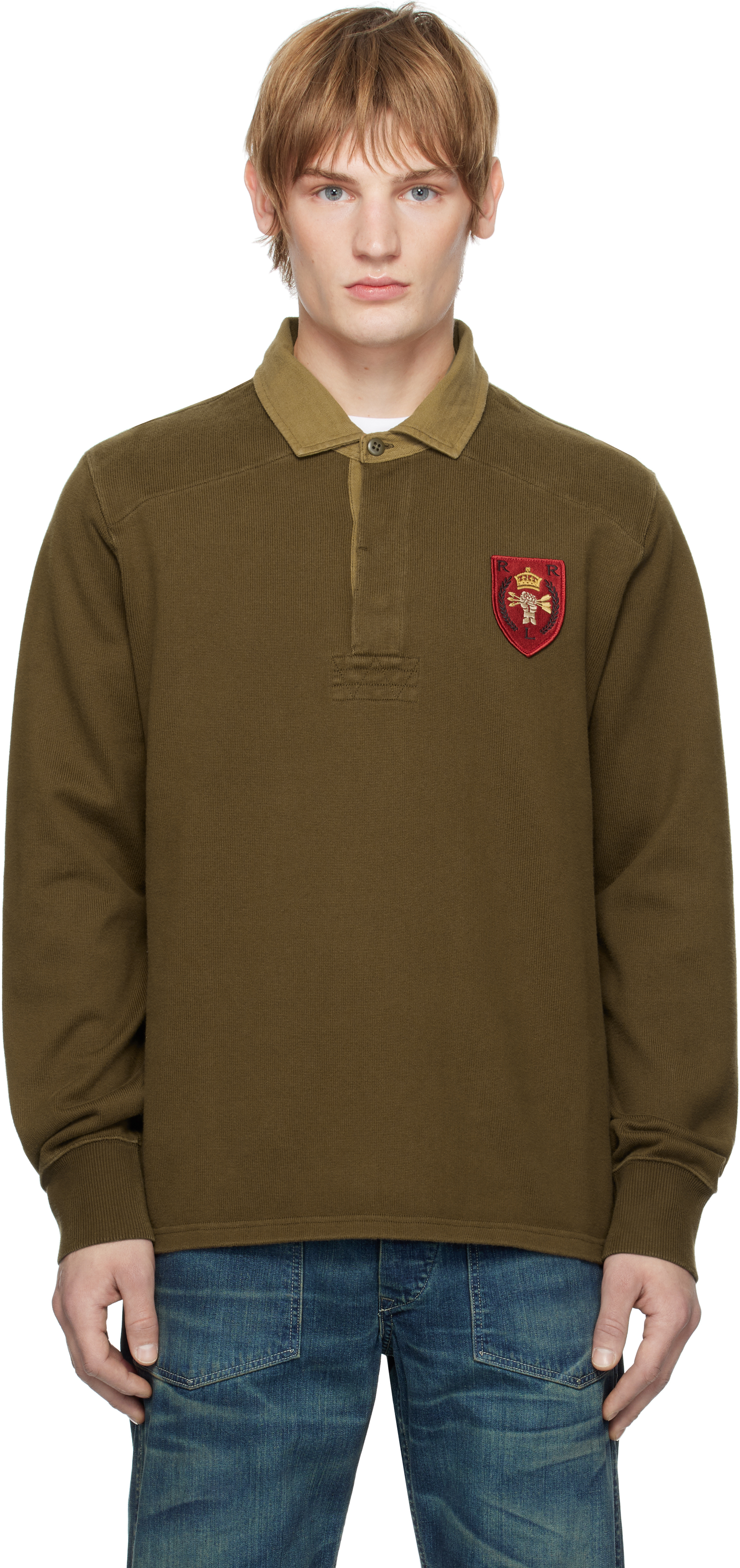 Khaki Crest-Patch Jersey Rugby Polo