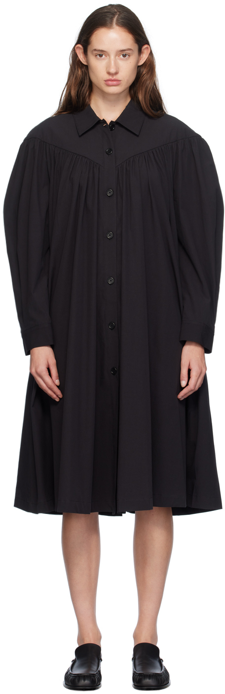 Black V-Line Yoke Shirring Midi Dress