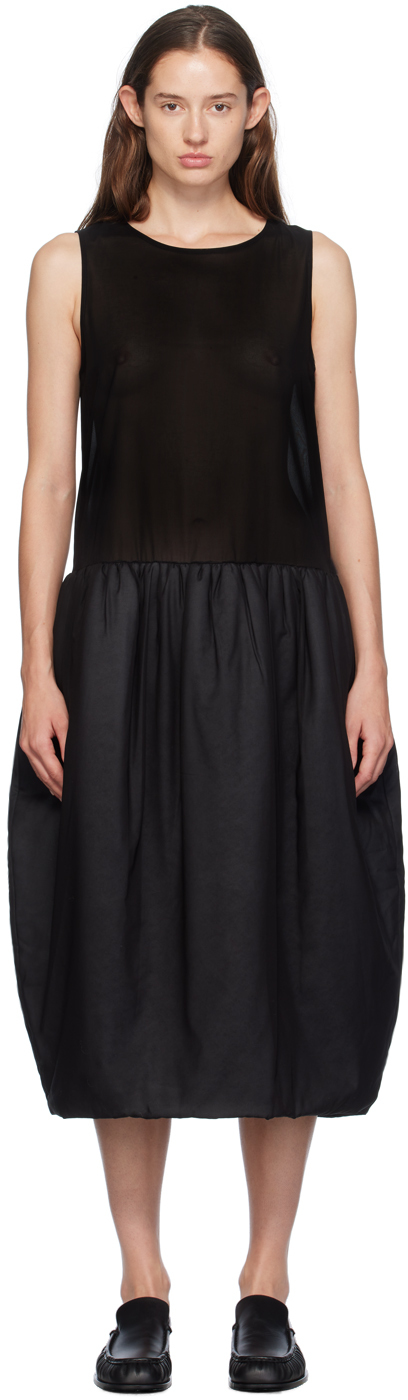【AMOMENTO】24fw SHEER PADDED BALLOON DRESS Black Sheer Padded Balloon Midi Dress by AMOMENTO on Sale