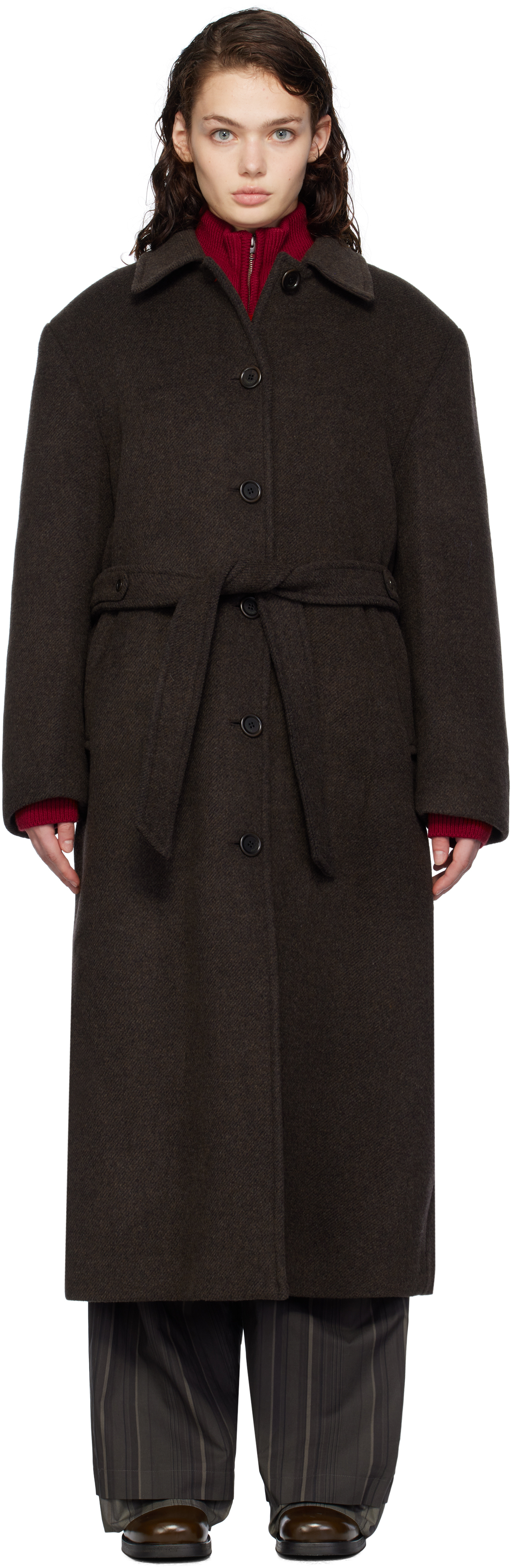 Shop Amomento Brown Single-breasted Maxi Long Coat In Dark Brown