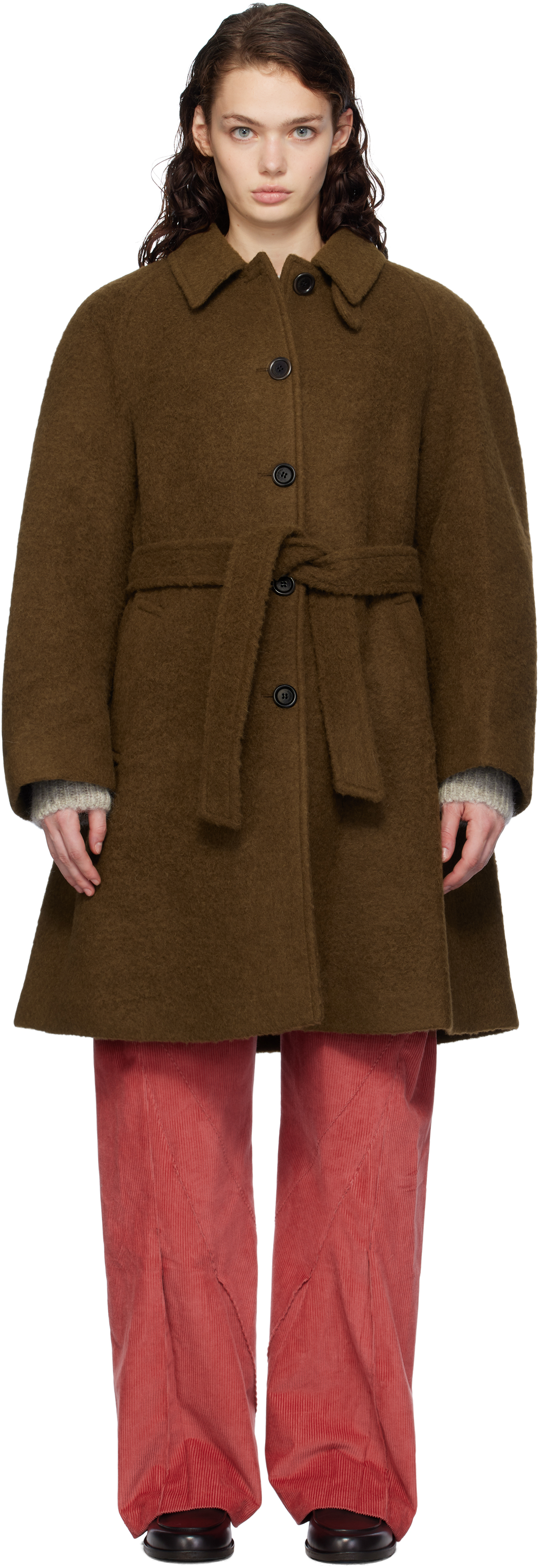 Brown Alpaca Raglan Coat by AMOMENTO on Sale Brown Alpaca Raglan Coat by AMOMENTO on Sale