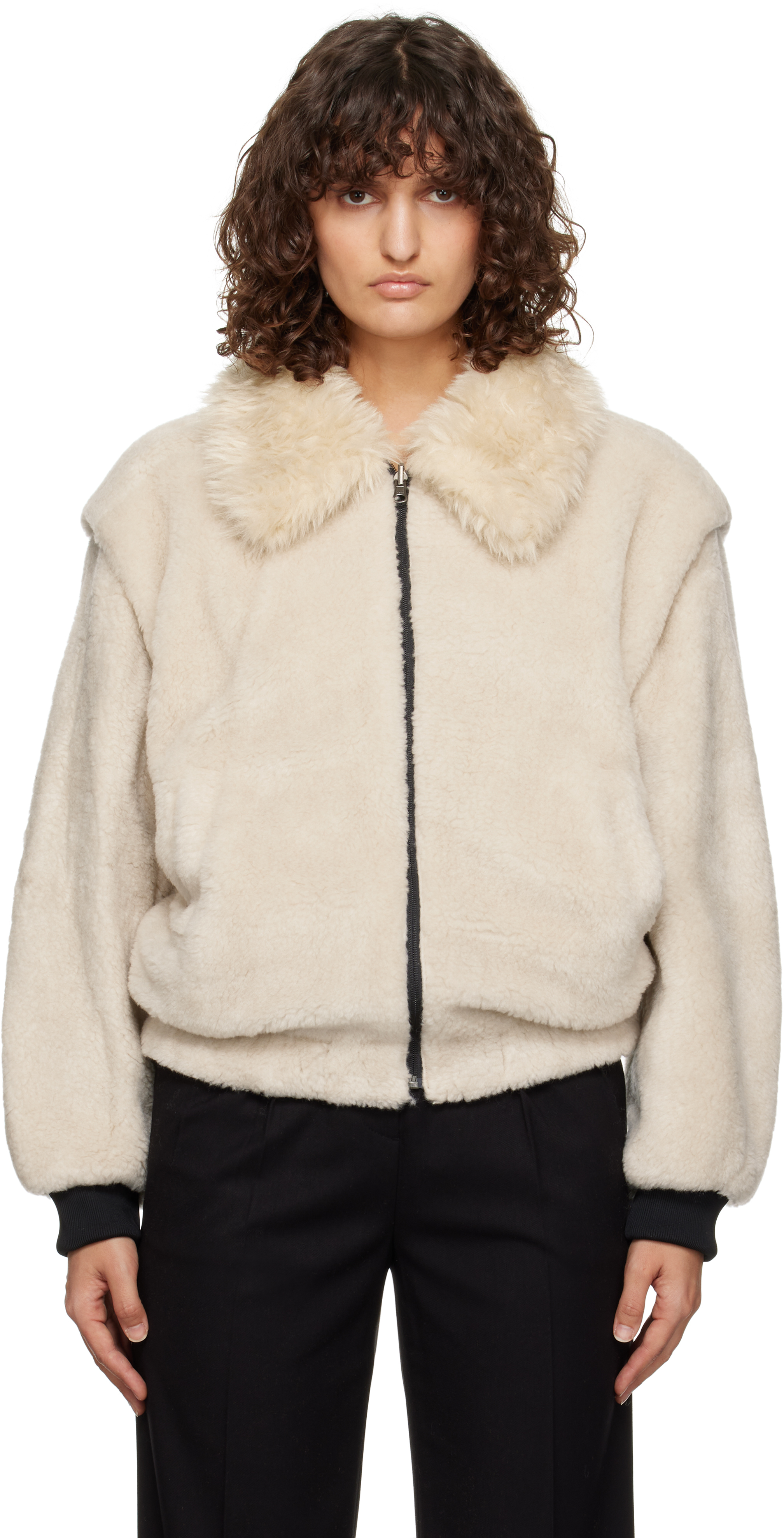 Shop Amomento Beige Detachable Sleeve Faux-shearling Jacket In Ivory