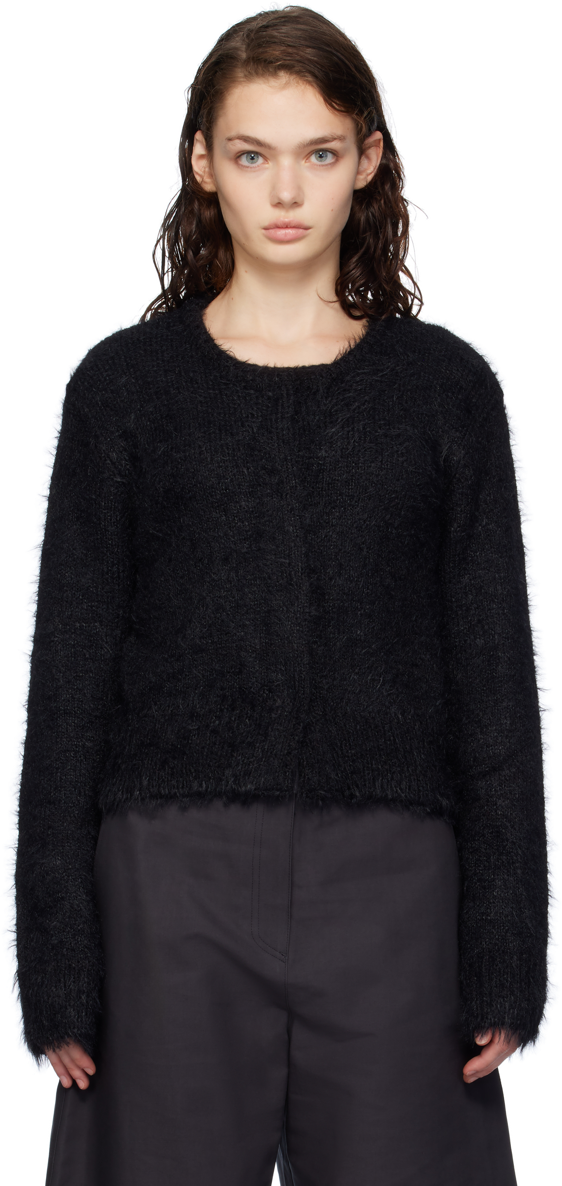 Black Shaggy Cropped Cardigan