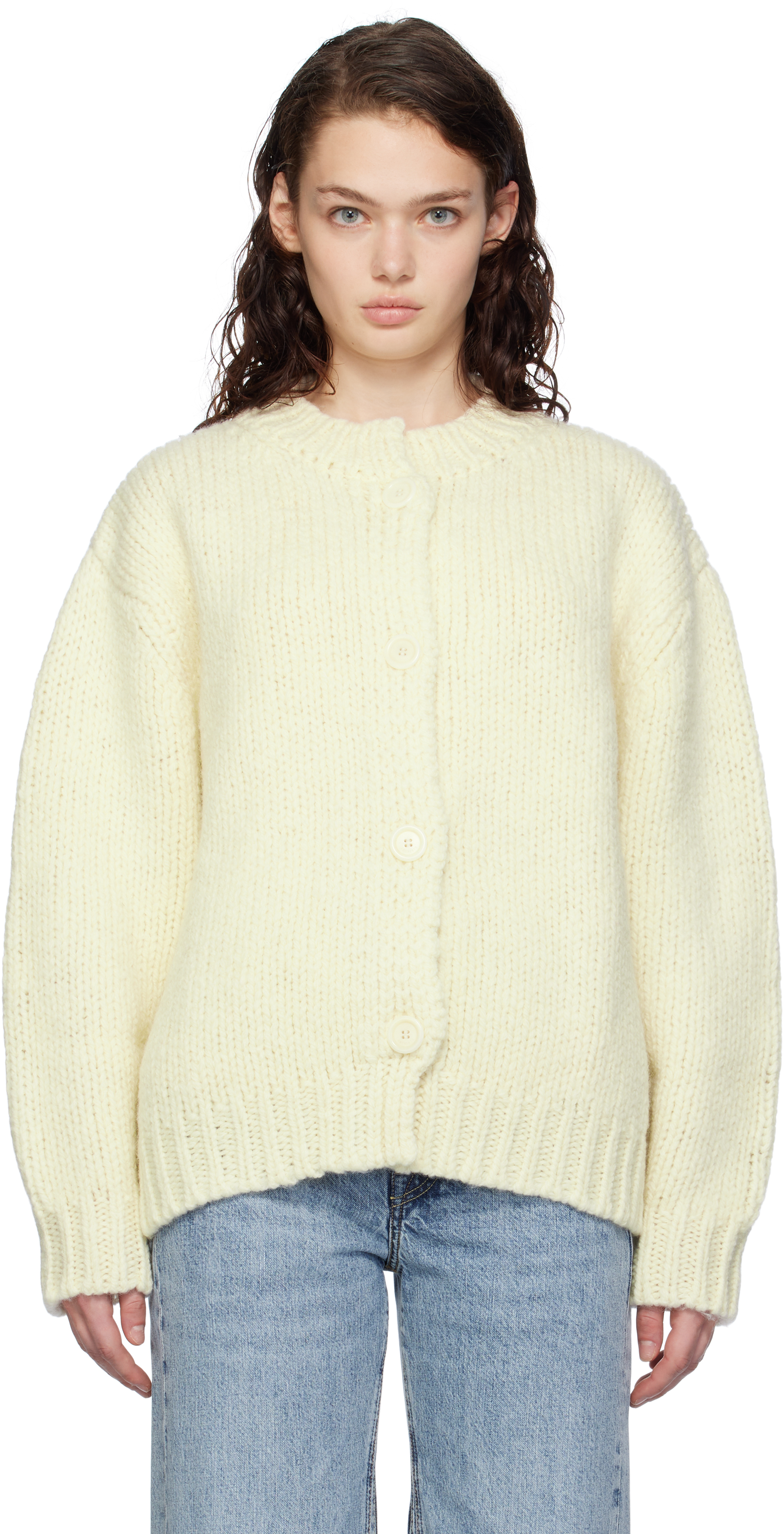 Shop Amomento Off-white Hand Knitted Cardigan In Ivory