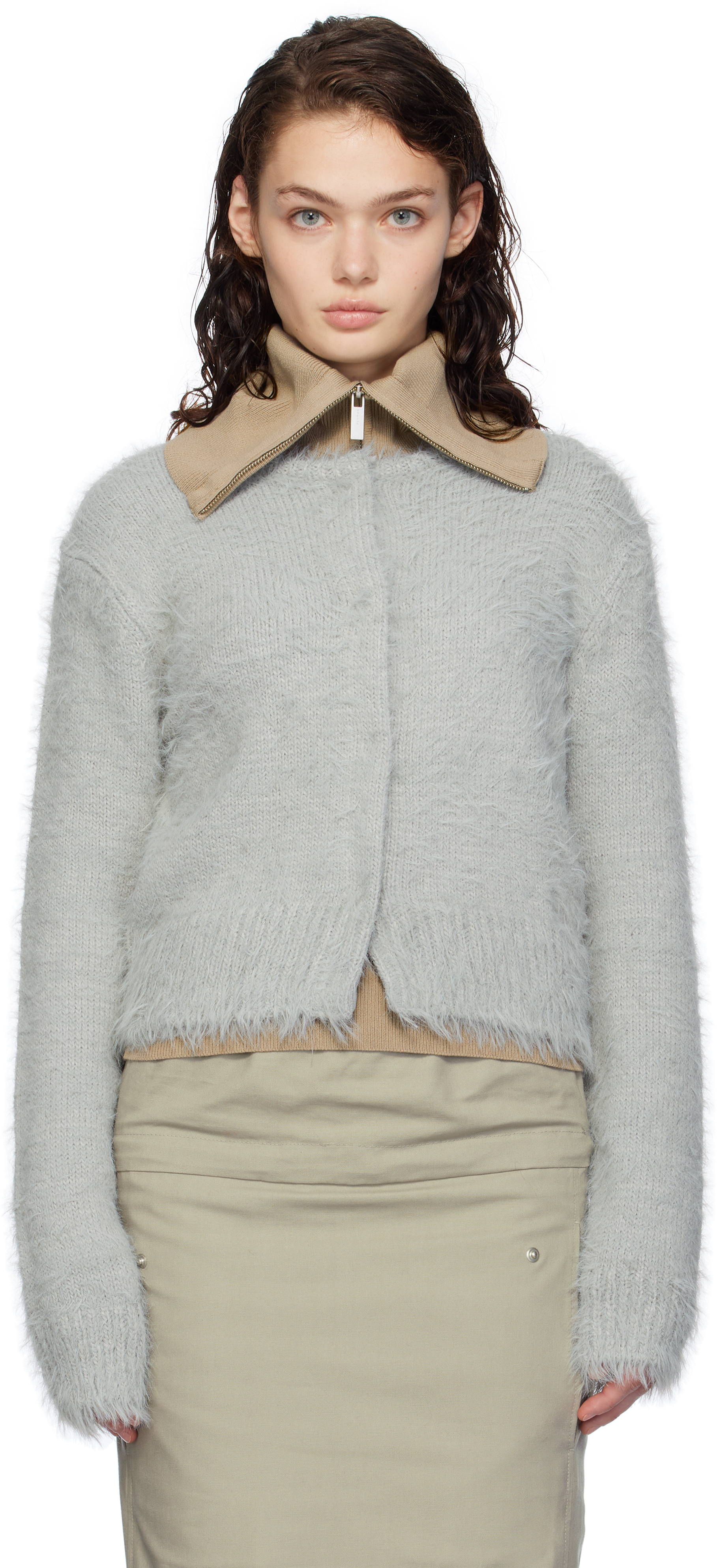 Shop Amomento Gray Shaggy Cropped Cardigan In Lt Mint