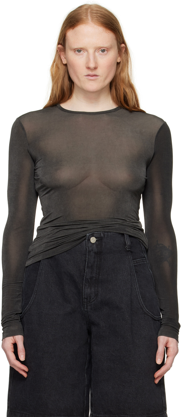 Shop Amomento Black Sheer Long Sleeve T-shirt In Charcoal