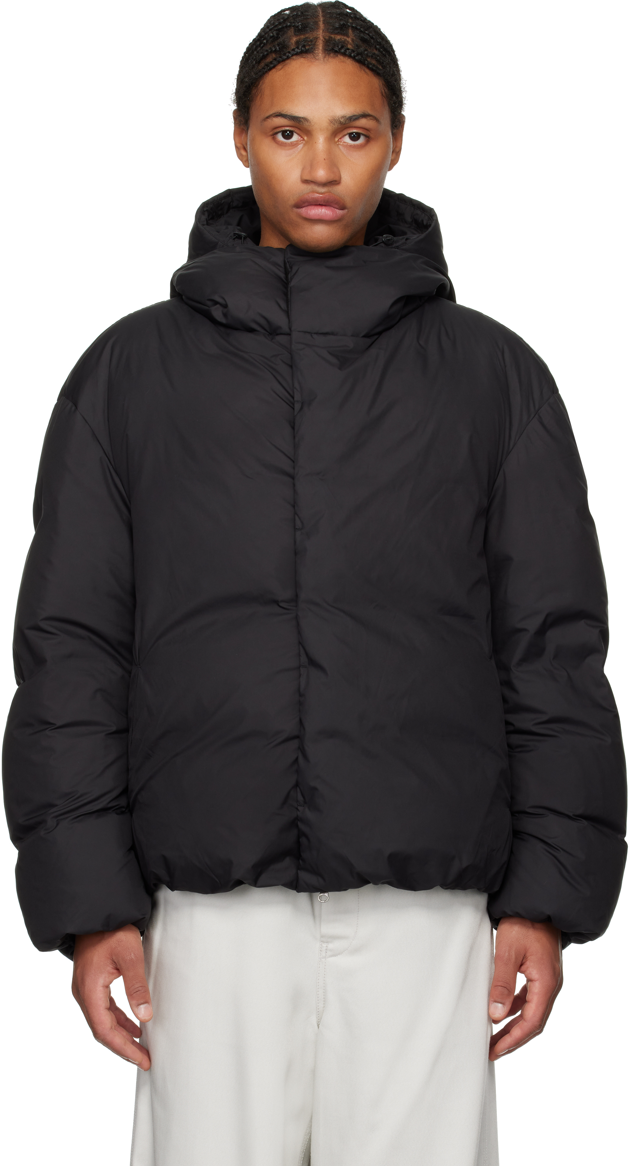 Black Hooded Down Puffer Jacket by AMOMENTO on Sale