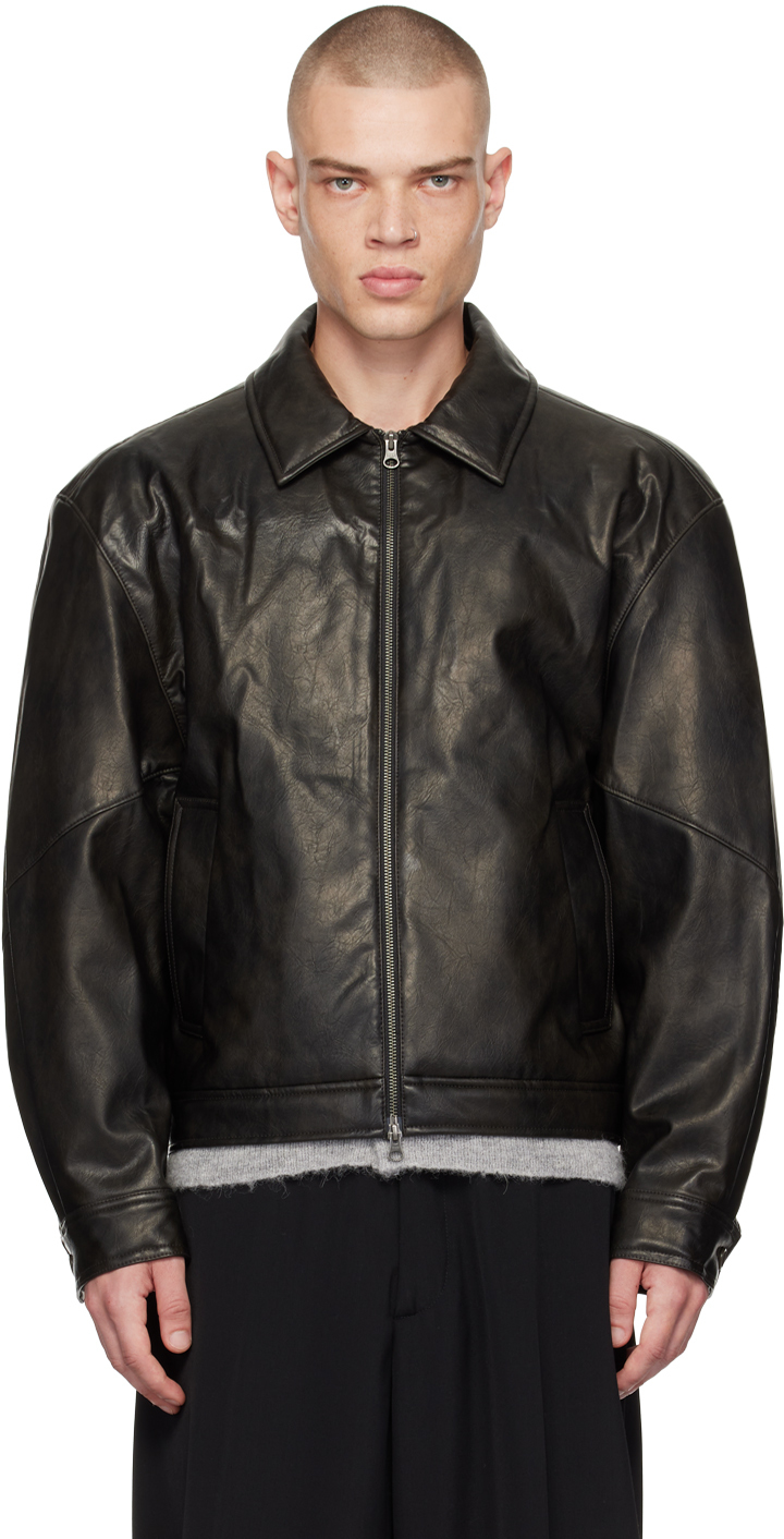 Black Padded Faux-Leather Jacket