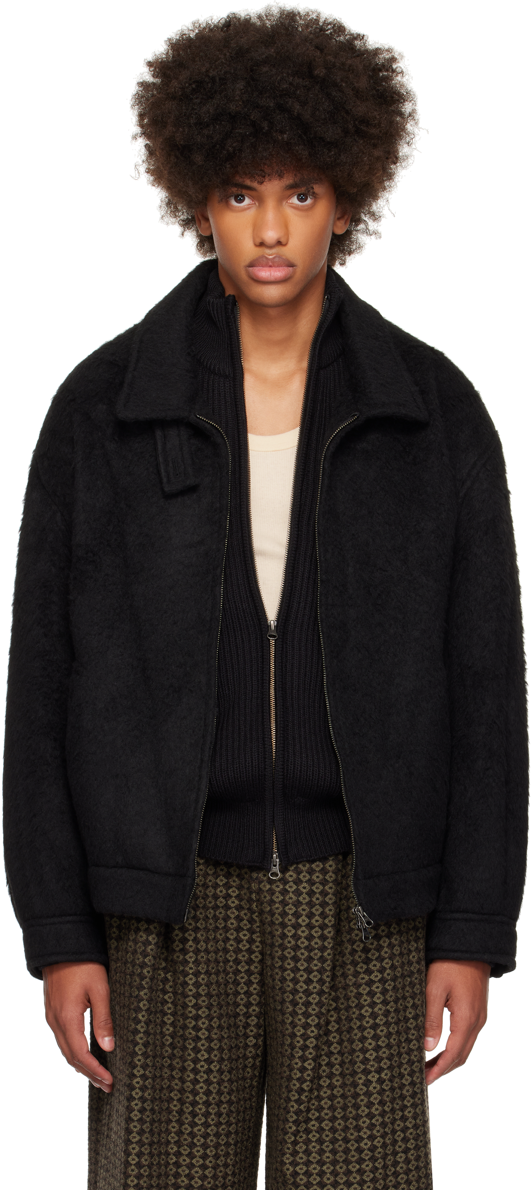 Black Hairy Oversized Zip-Up Jacket