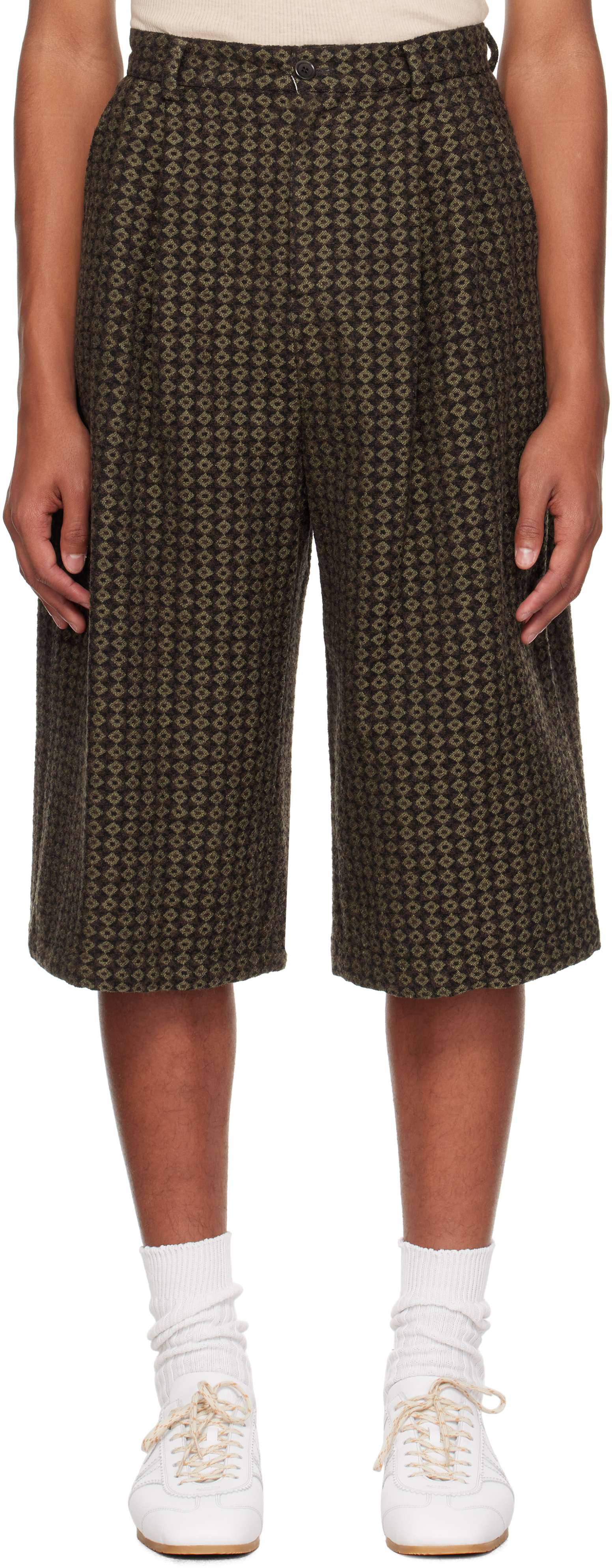 Brown Jacquard Two Tuck Wide Shorts