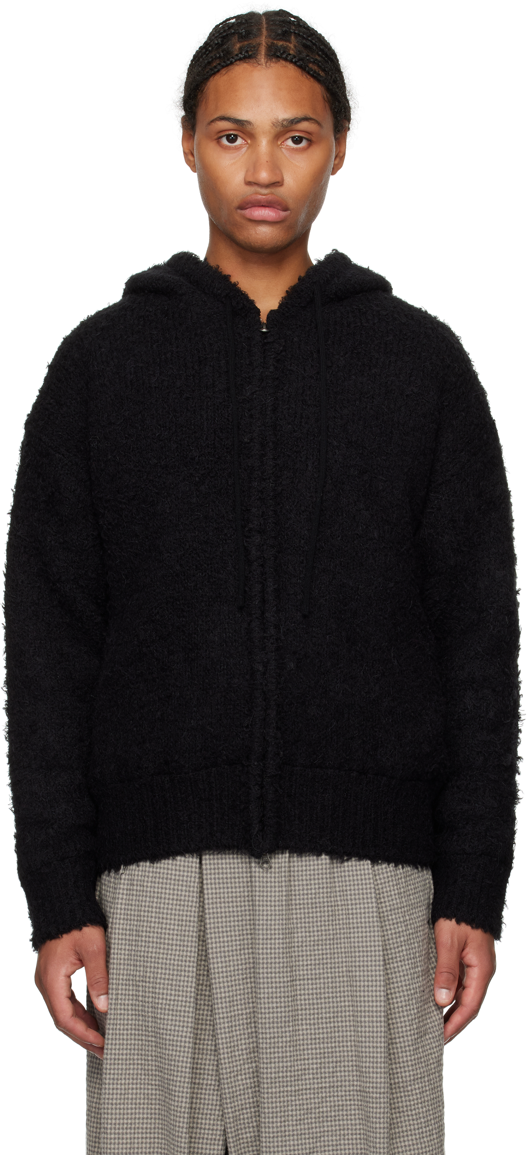 AMOMENTO BLACK FURRY ZIP-UP HOODIE 