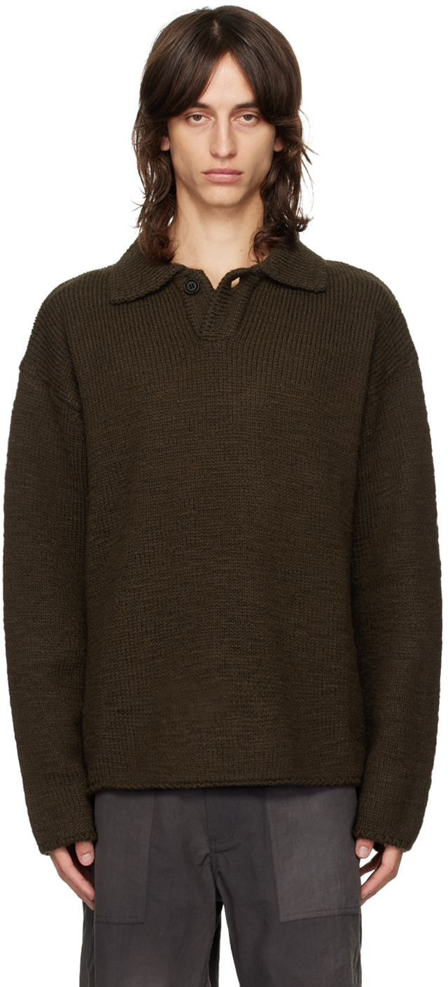 Brown One-Button Collar Polo