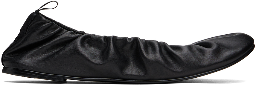 Black Shirring Leather Ballerina Flats