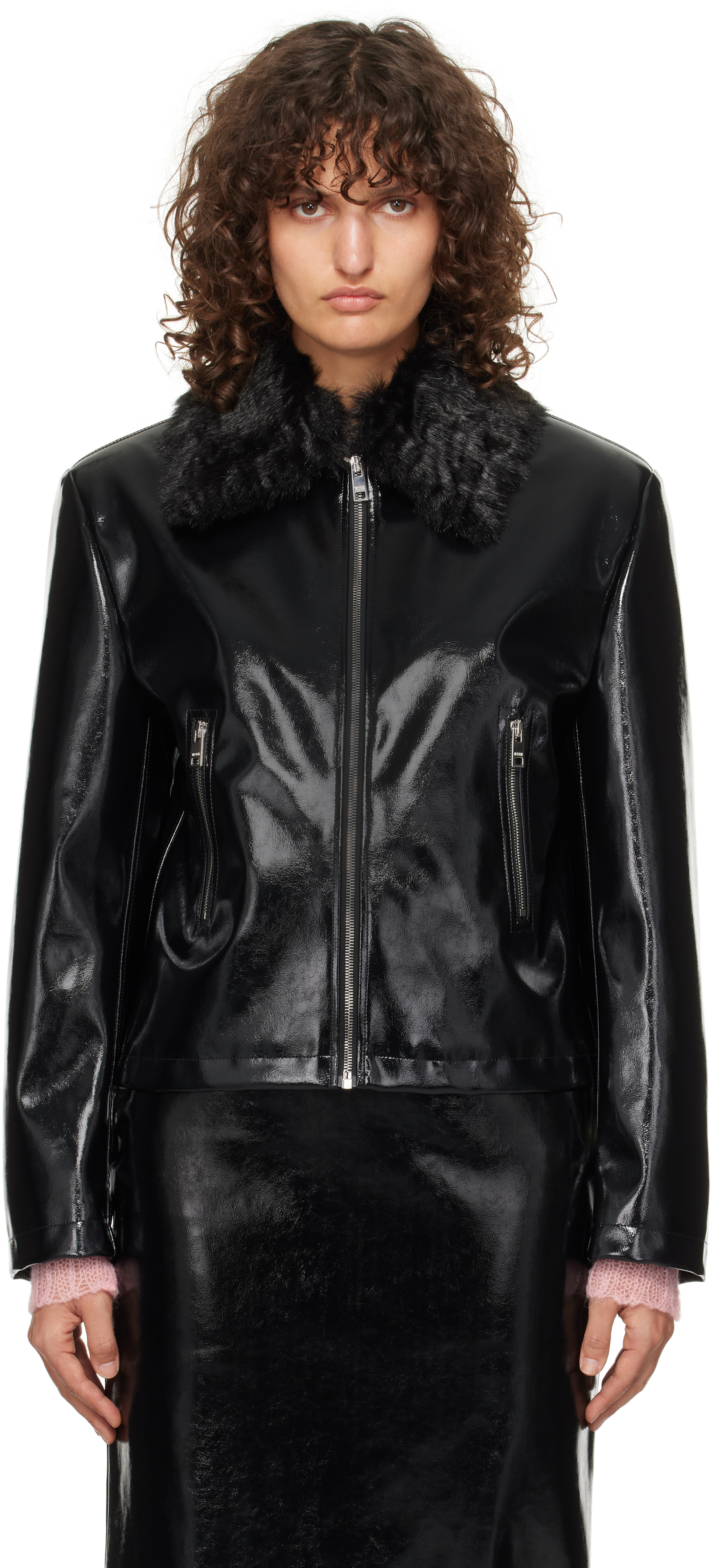 Msgm Black Patent Faux-leather Jacket In 99 Black