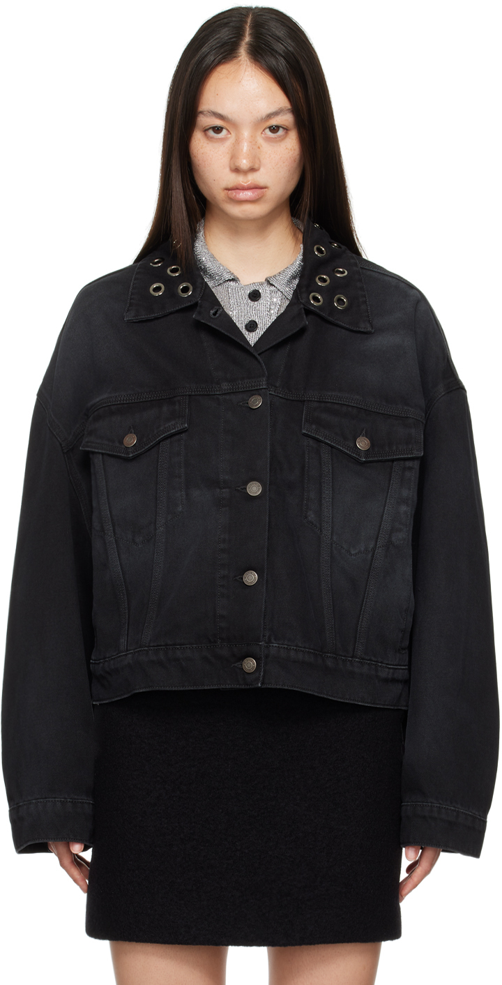 Shop Msgm Black Eyelet Denim Jacket In 99 Black