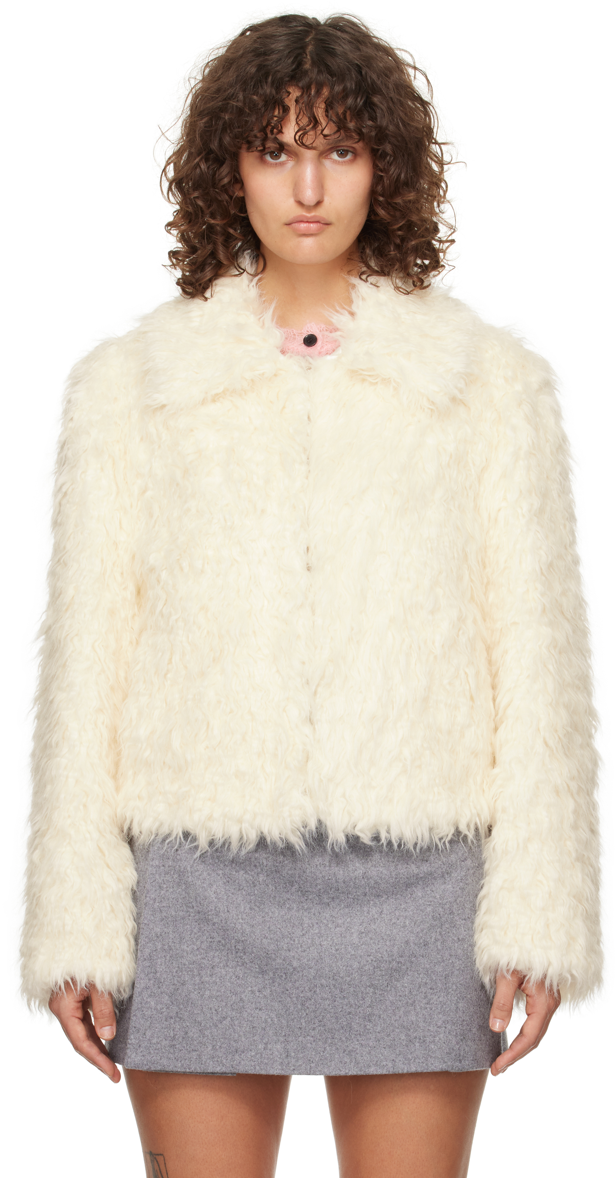 Msgm Off-white Hook-eye Faux-fur Jacket In 02 Off White