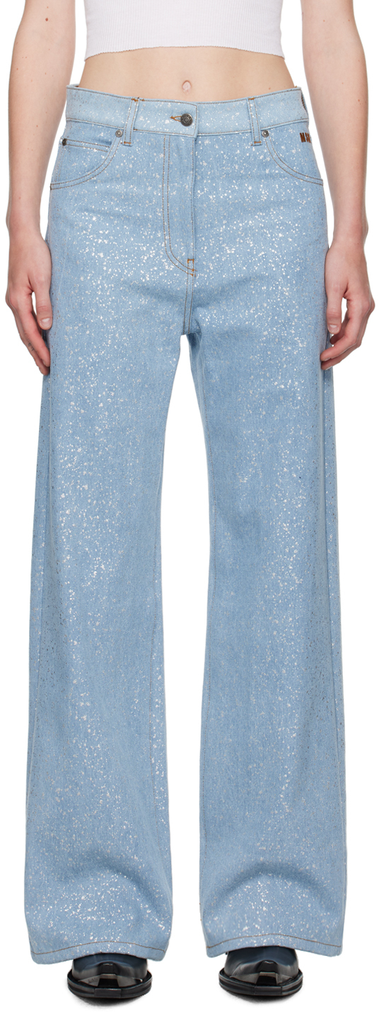 Blue Wide-Leg Glitter Jeans by MSGM on Sale