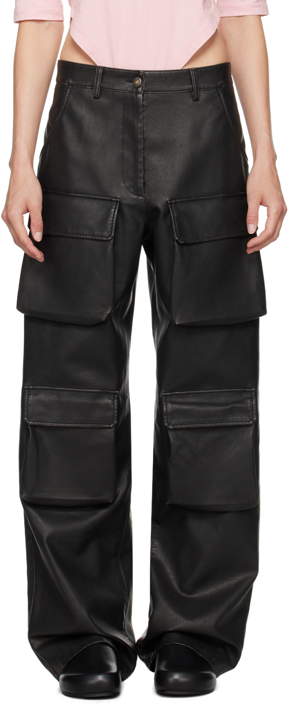 Black Pocket Faux-Leather Cargo Pants