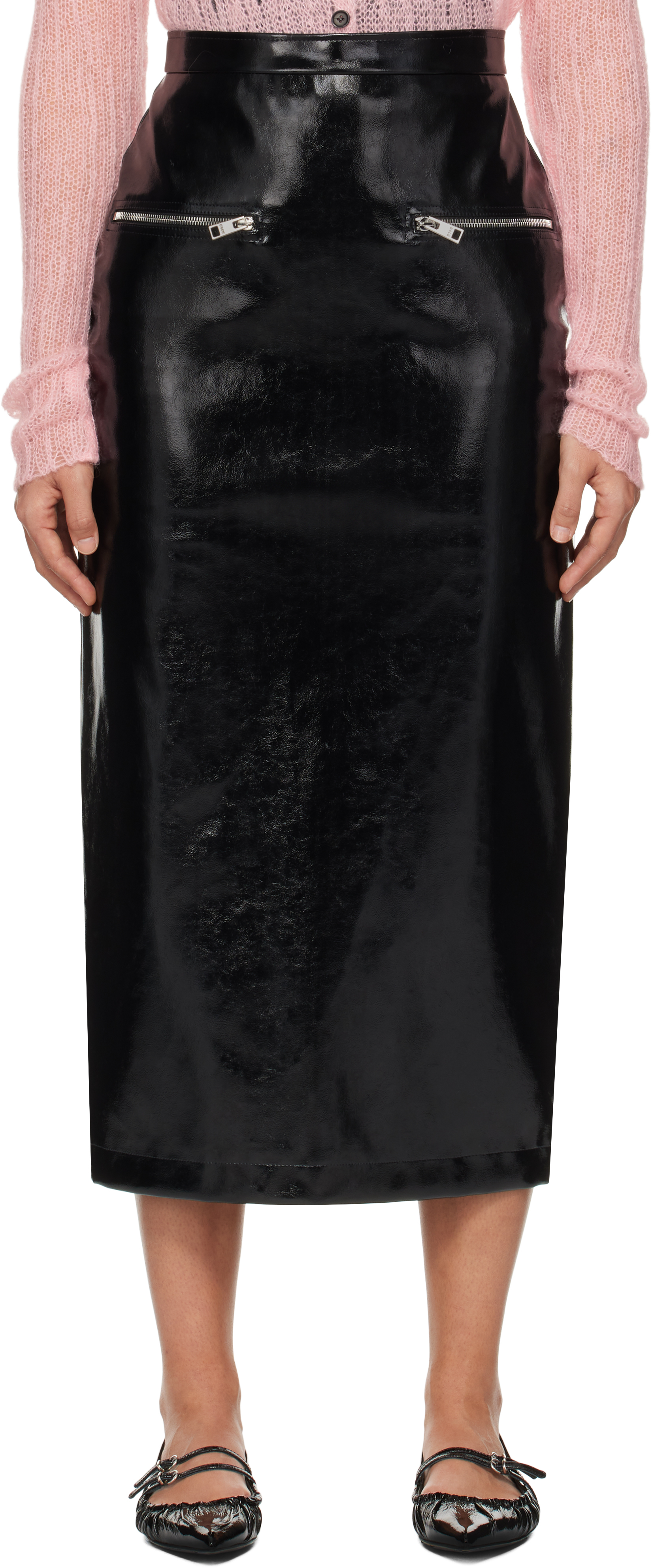 Black Patent Faux-Leather Midi Skirt