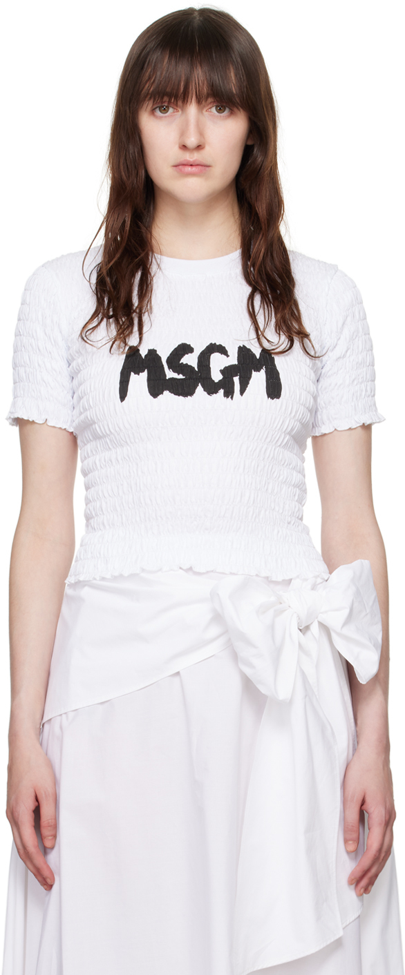 Shop Msgm White Shirred T-shirt In 01 Optical White