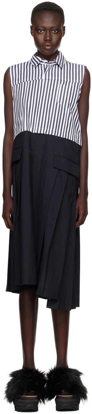 Sacai Striped Asymmetric Pleated Cotton-poplin And Woven Midi Dress In 248 Navy*stripe