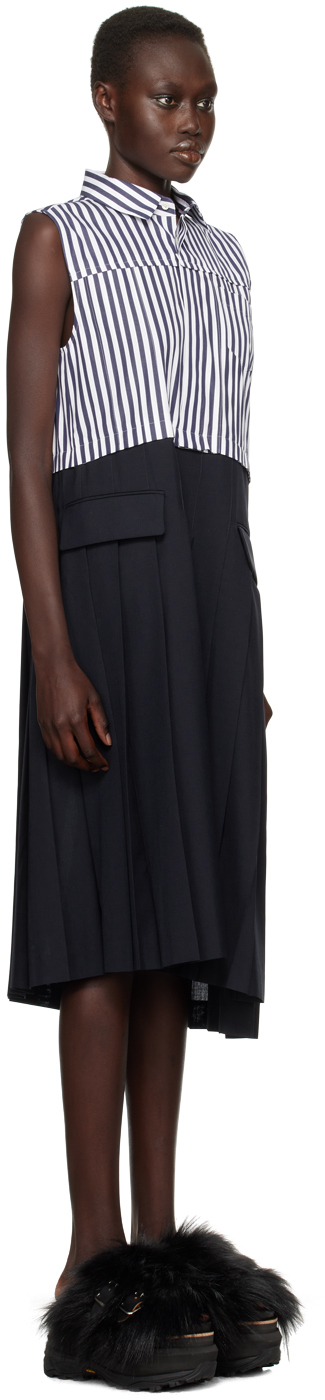 Sacai Striped Asymmetric Pleated Cotton-poplin And Woven Midi Dress In 248 Navy*stripe