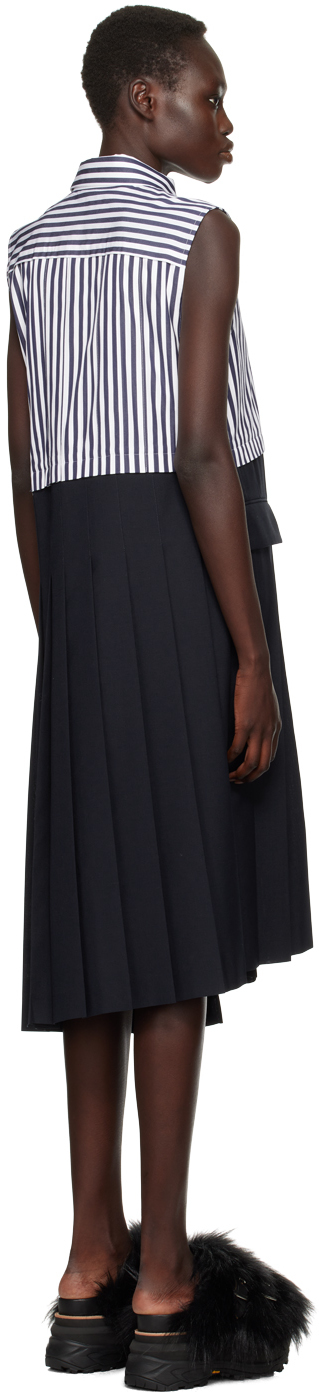 Sacai Striped Asymmetric Pleated Cotton-poplin And Woven Midi Dress In 248 Navy*stripe