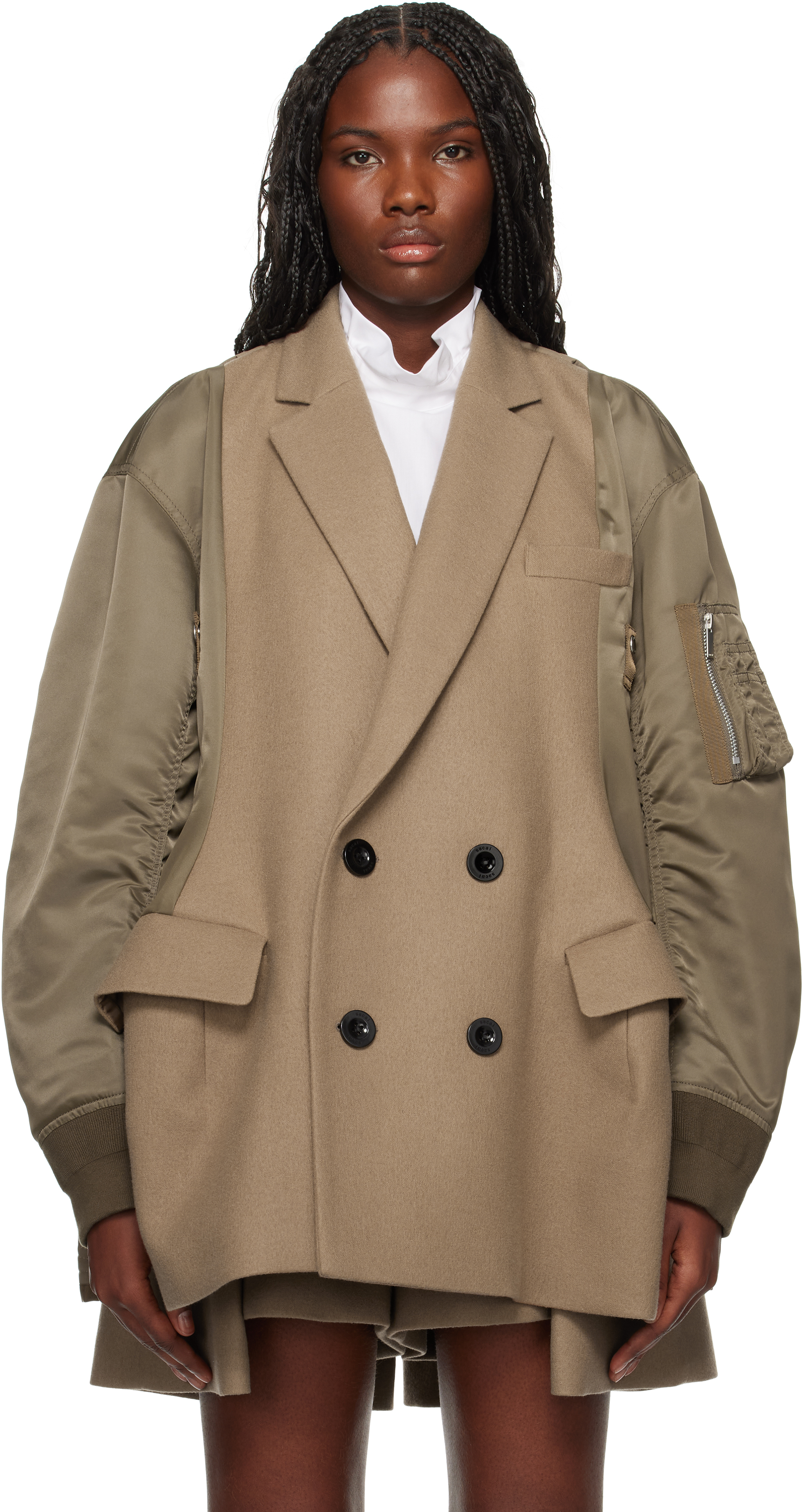 SACAI KHAKI & BEIGE WOOL MELTON & NYLON TWILL QUILTED COAT 