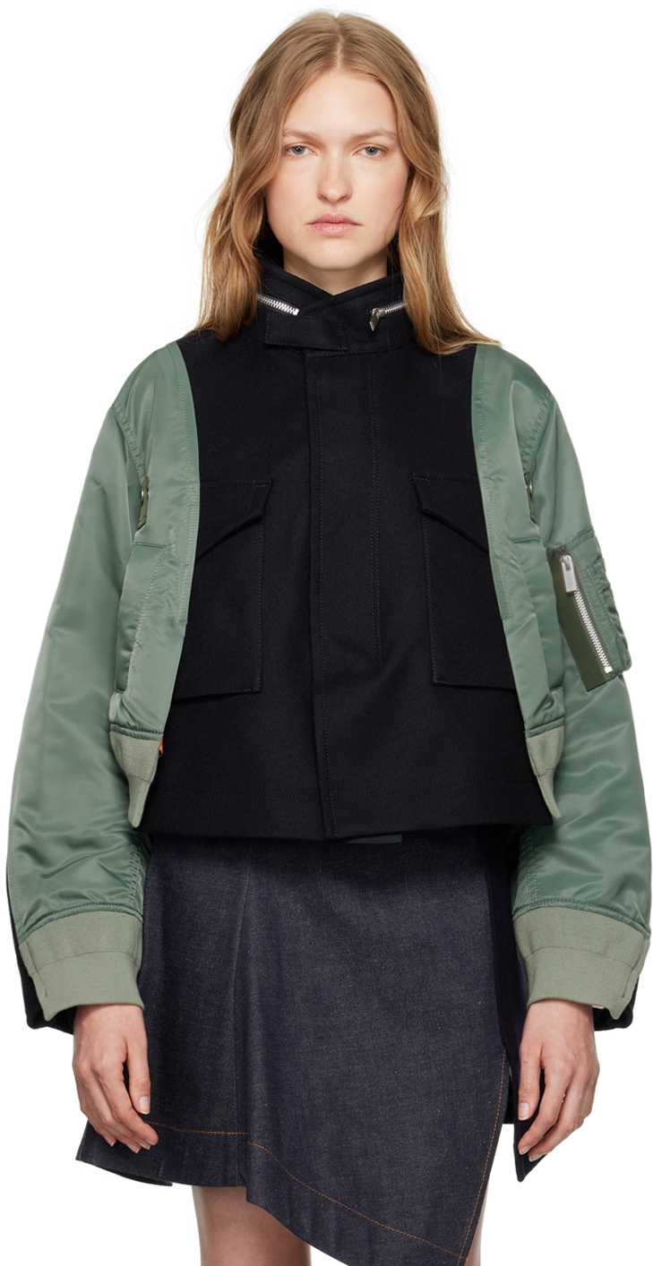 Shop Sacai Navy & Green Paneled Bomber Jacket In 262 D/navy*khaki