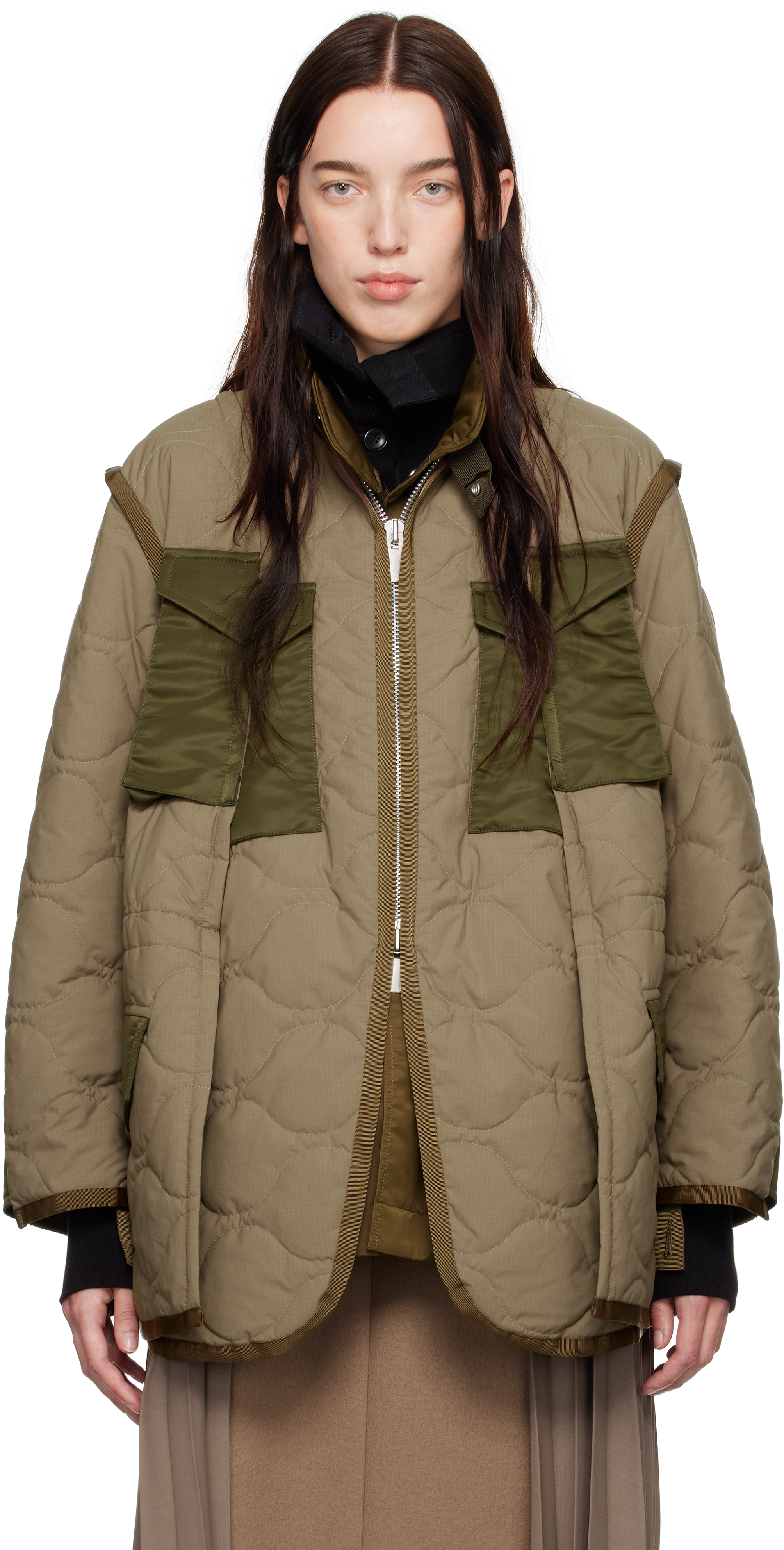 Shop Sacai Khaki Rip Stop Quilted Coat In 637 Beige Olive