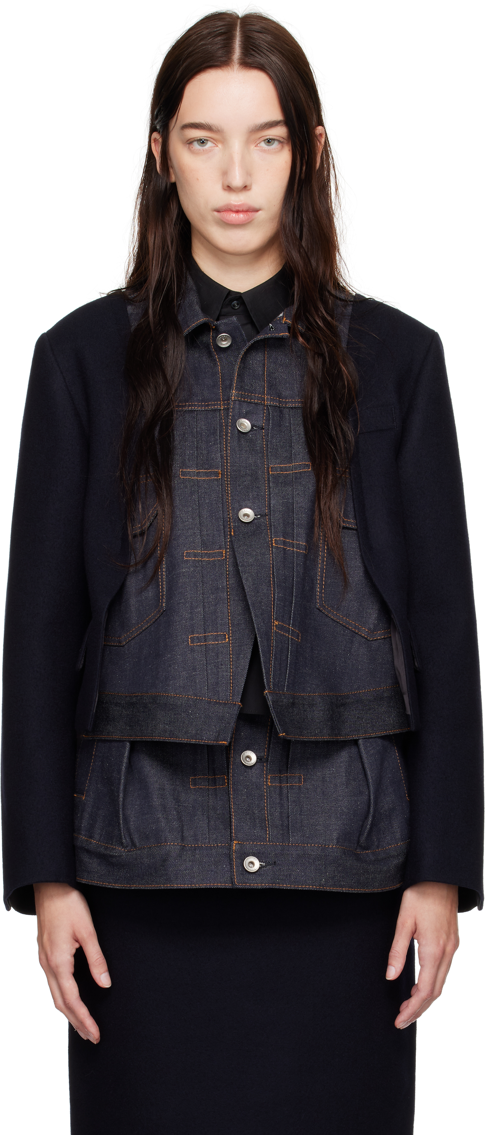 SACAI NAVY WOOL MELTON & DENIM JACKET 