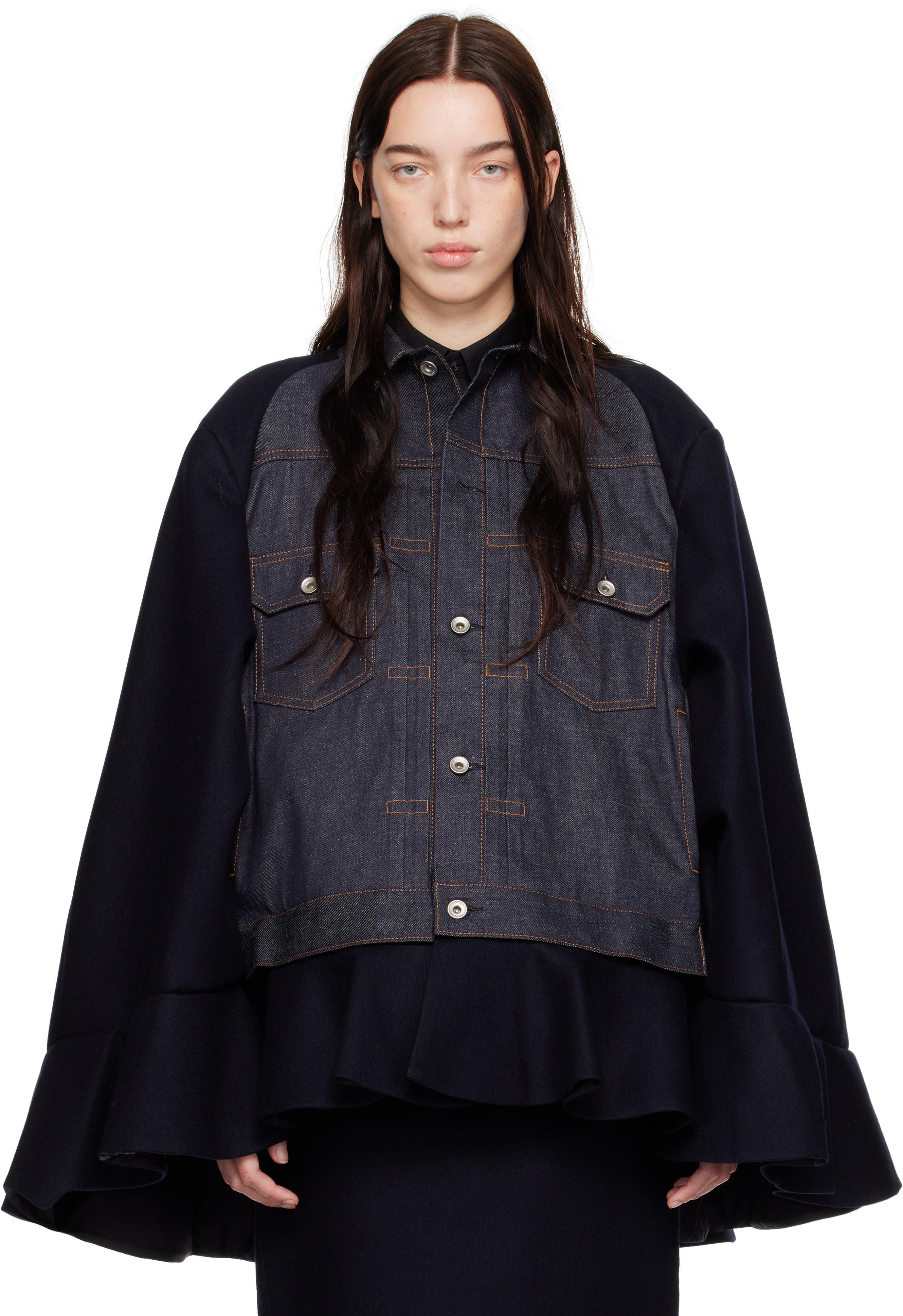 Navy Wool Melton & Denim Cape Jacket