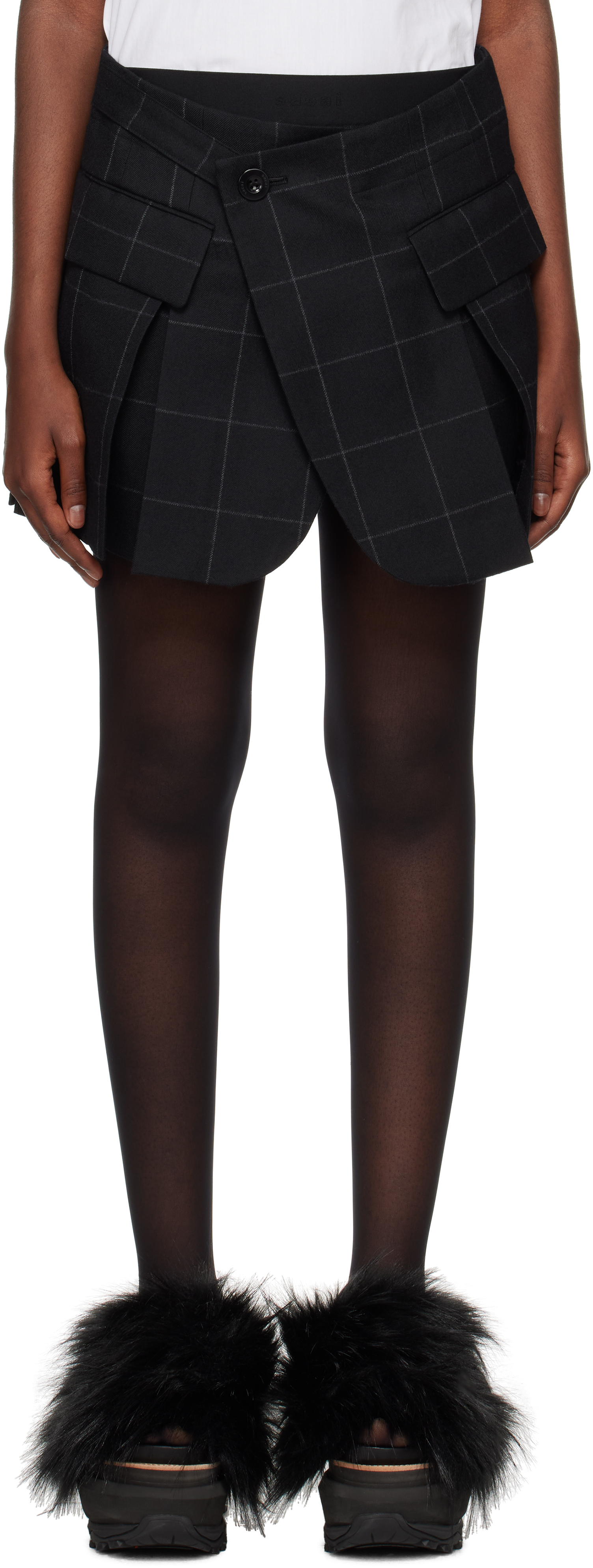 Shop Sacai Black Windowpane Shorts In 001 Black