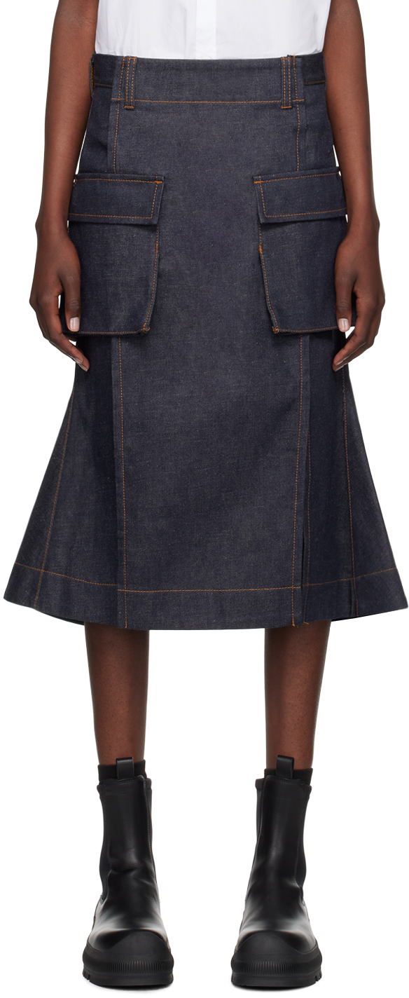 Blue Paneled Denim Midi Skirt