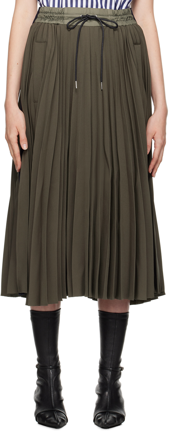 Shop Sacai Khaki Pleated Midi Skirt In 501 Khaki