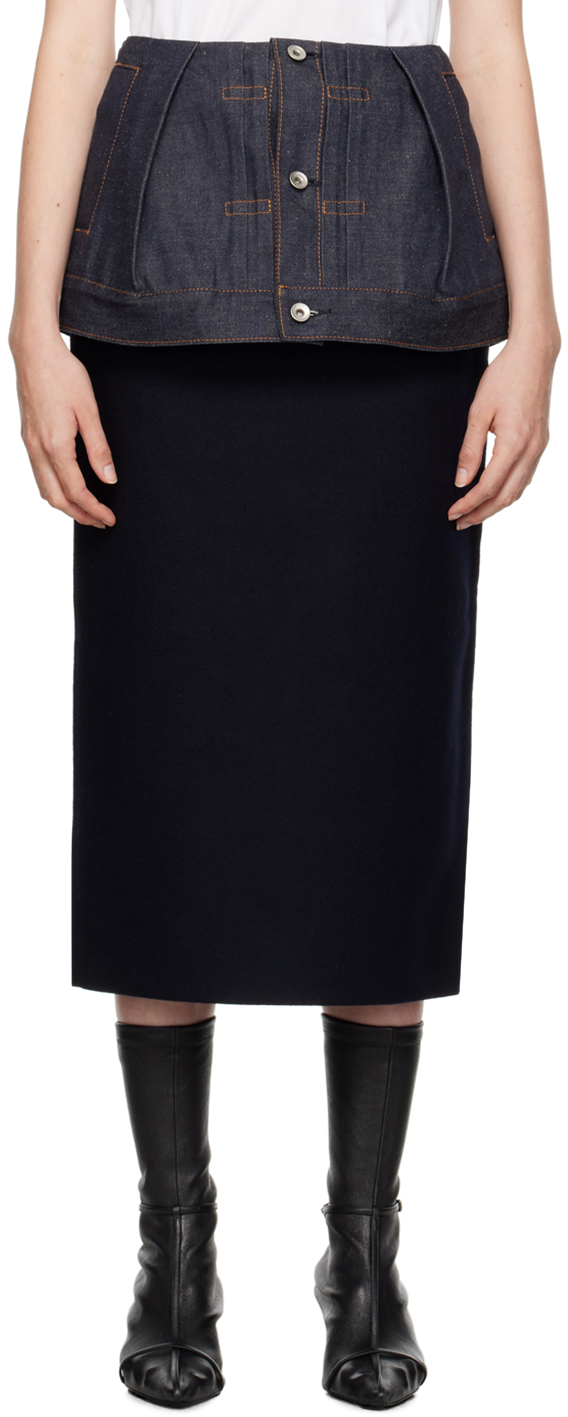 Shop Sacai Navy Paneled Midi Skirt In 499 Indigo