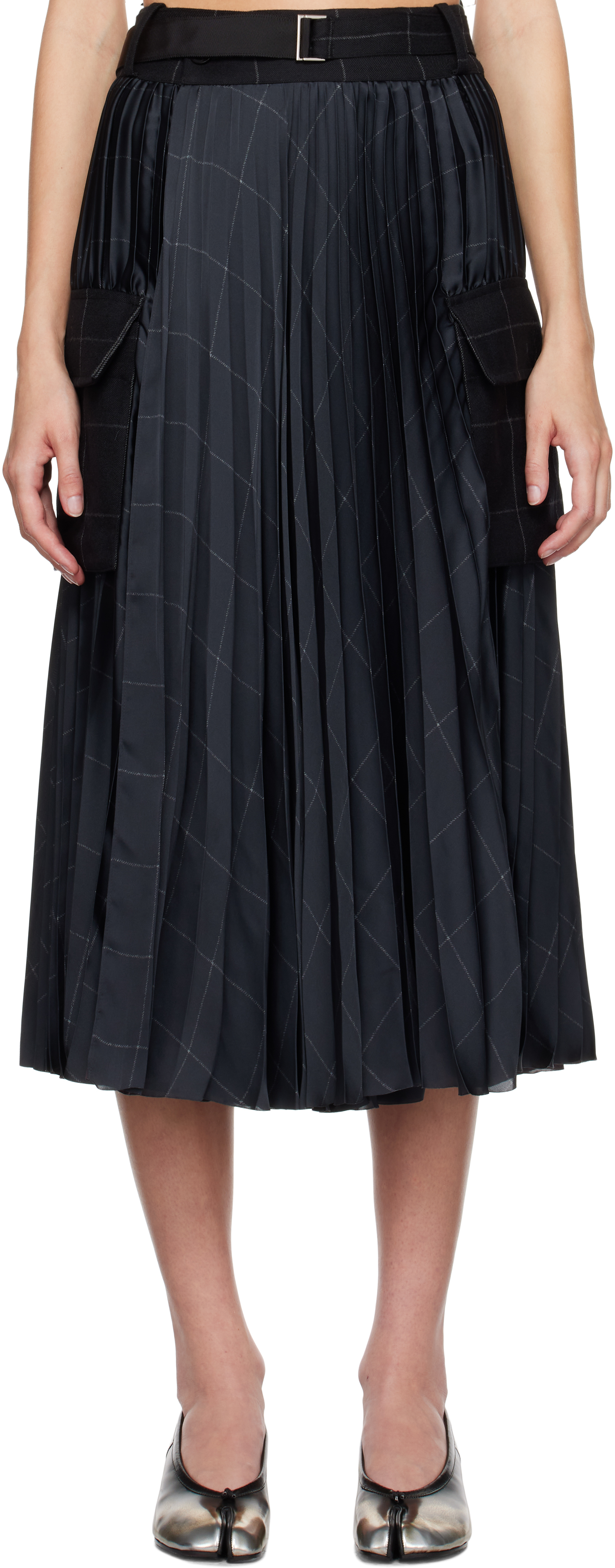 Shop Sacai Black Windowpane Midi Skirt In 001 Black