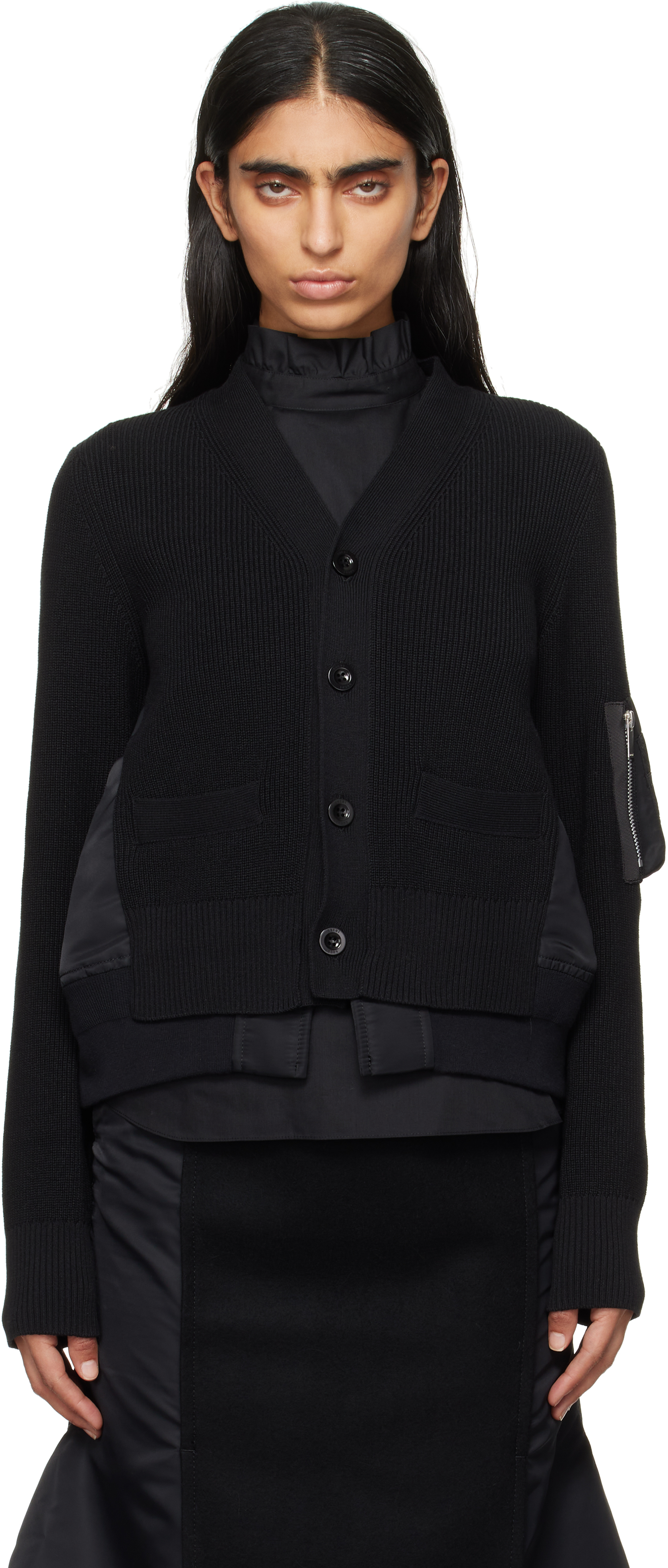 Shop Sacai Black Nylon Twill X Knit Cardigan In 001 Black