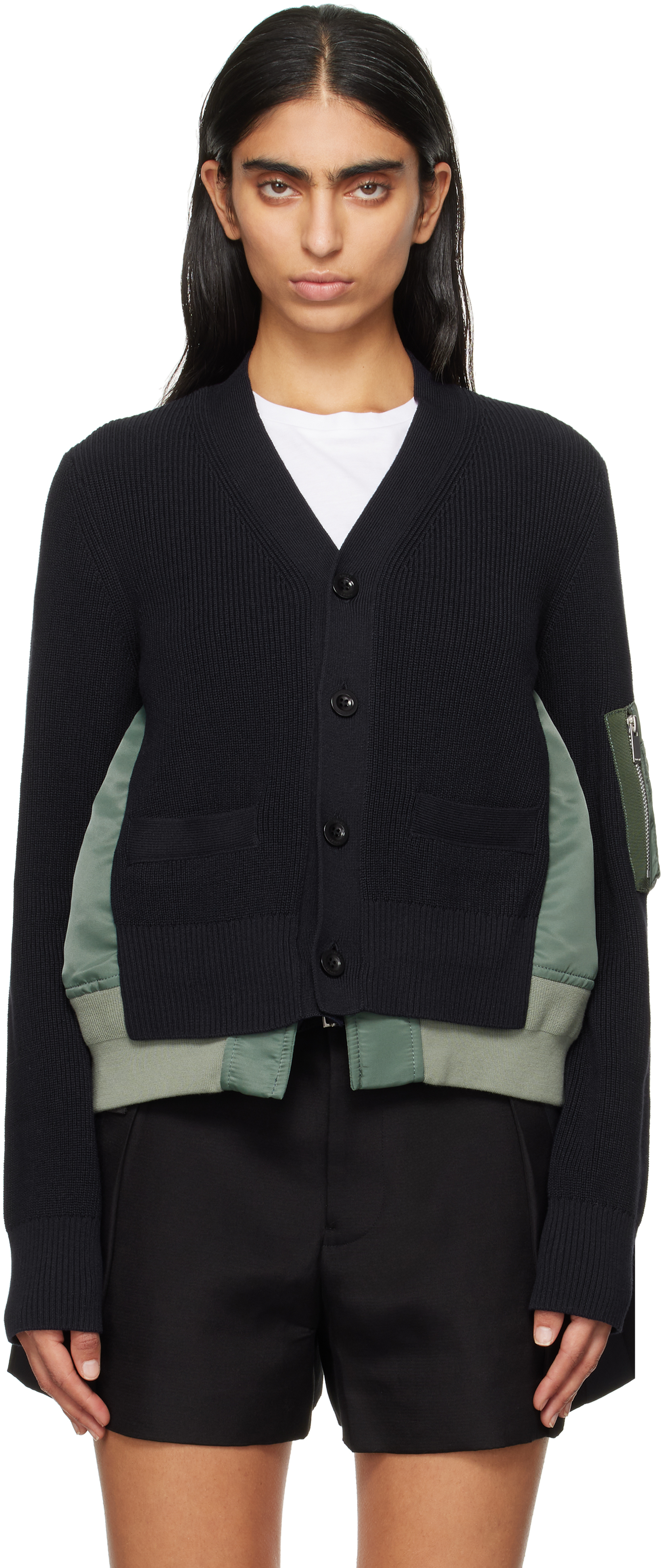 Shop Sacai Navy & Khaki Nylon Twill X Knit Cardigan In 266 D/navy*khaki